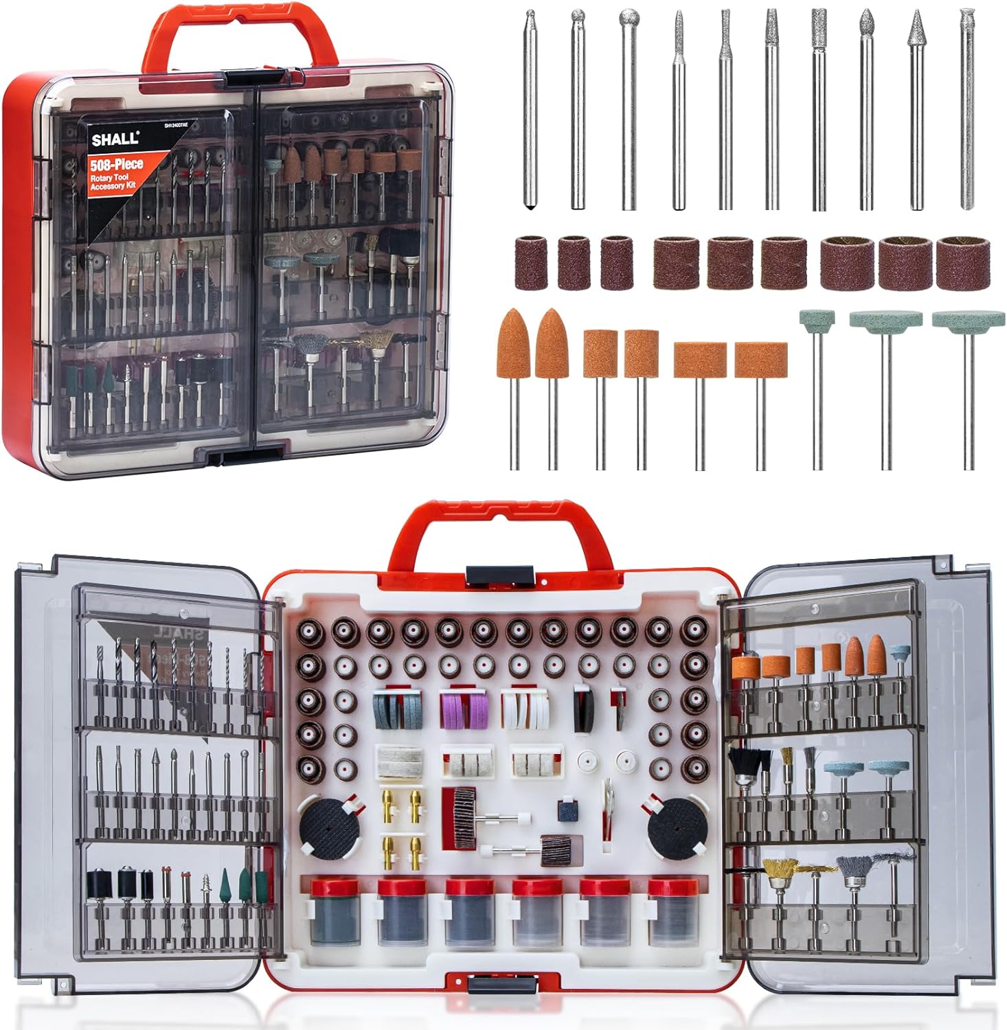SHALL 508-Piece Rotary Tool Accessories Kit, Universal Rotary Tool Bits for Sanding, Cutting, Grinding, Drilling, Carving, Engraving, Polishing, Cleaning, Rotary Tool Attachments with Carrying Case
