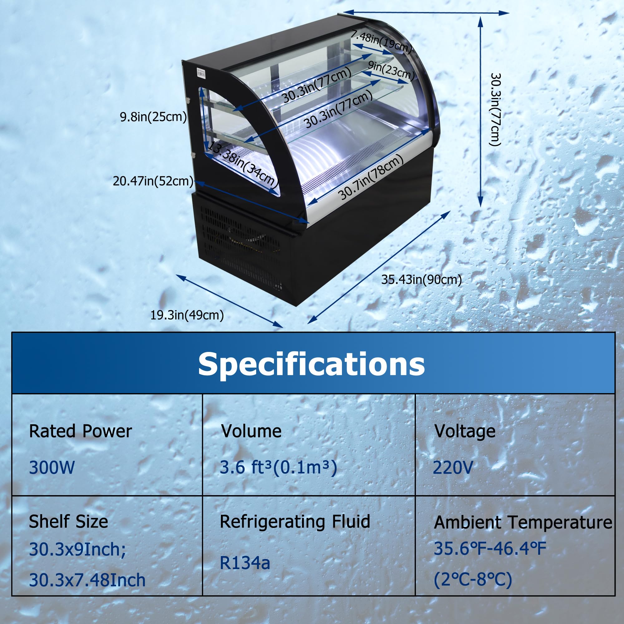 WYDDDARY Countertop Display Refrigerators 35'' Curved Cooling Cake Showcase 220V Two-tier Shelf Commercial Glass Bakery Cabinet Display with Rear Sliding Door White LED Light 300W