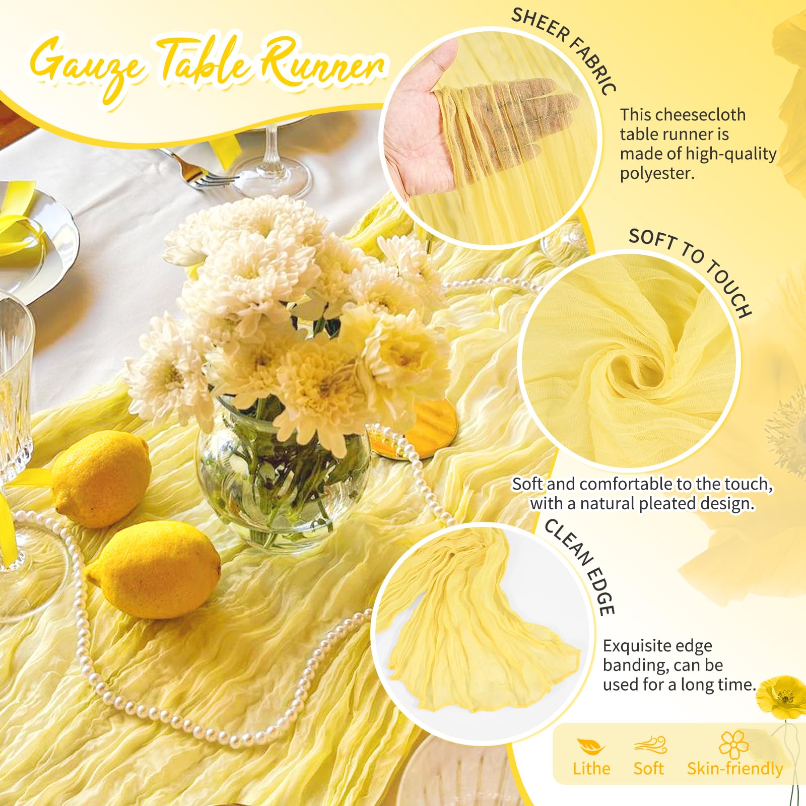 Showgeous Set da 16 Runner da Tavola in Garza Giallo chiaro 45x275cm Runner da Tavola in Garza Stile Boho Romantici e Rustici Decorazioni Trasparenti per Matrimoni Baby Shower Compleanni Feste Casa