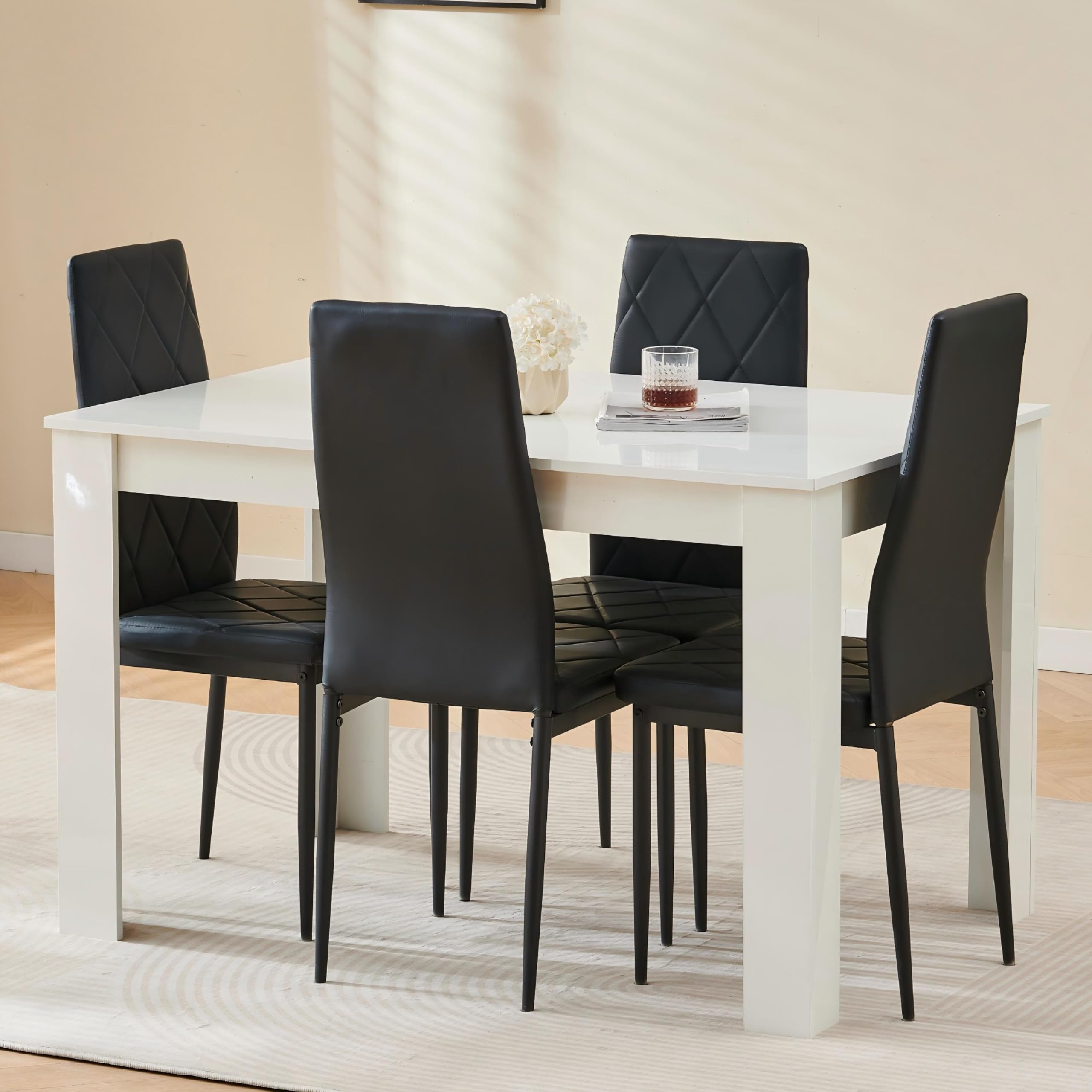 Homullel 120cm Glossing Dining Table and 4 Chairs, 4 Seater Kitchen Table and Chairs Set for Space Saving, Compact Dining Room Set for 4, 120x80 cm, Wooden, White (4 Seaters, PU Black #2)