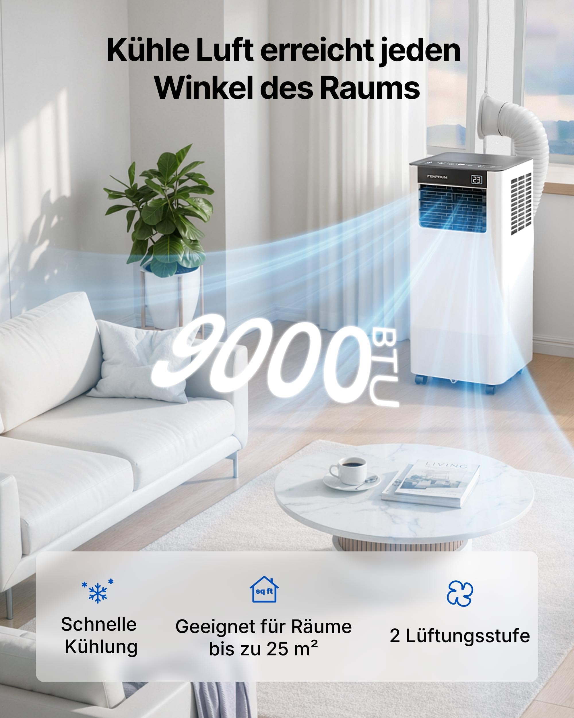 Condizionatore Portatile 9000 BTU, Temprium Climatizzatore Portatile 3-in-1, Controllo tramite App/Telecomando, Kit di Tenuta per Finestra, Timer 24H, Funzionamento Silenzioso <48 dB, Copertura 25 m²