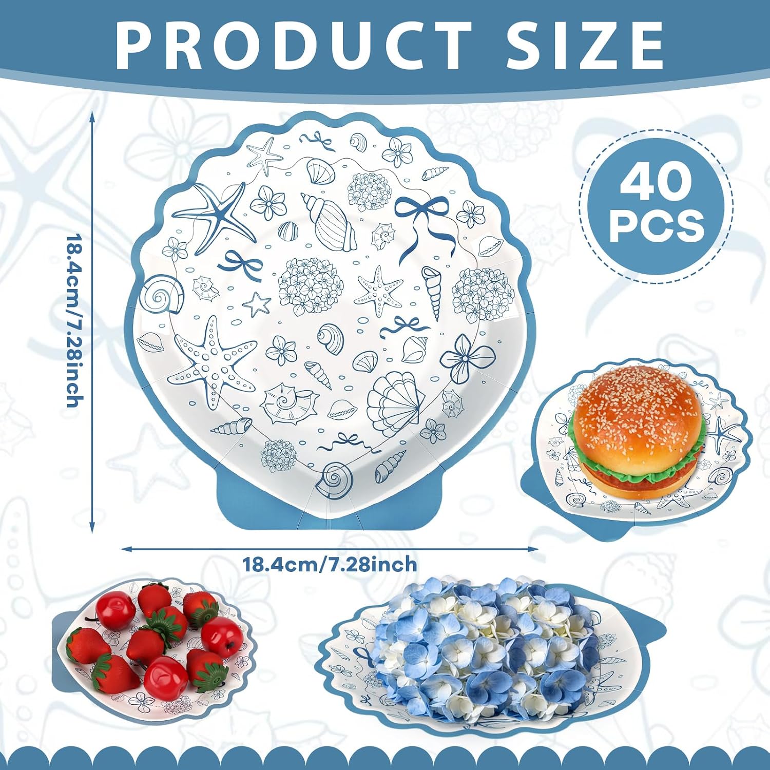 40pcs 7inch Seashell Paper Plate Ocean Seashell Beach Coastal Party Supplies Disposable Blue Bow Hydrangea Starfish Plate Seaside Favor for Summer Beach Wedding Bridal Shower Birthday Party