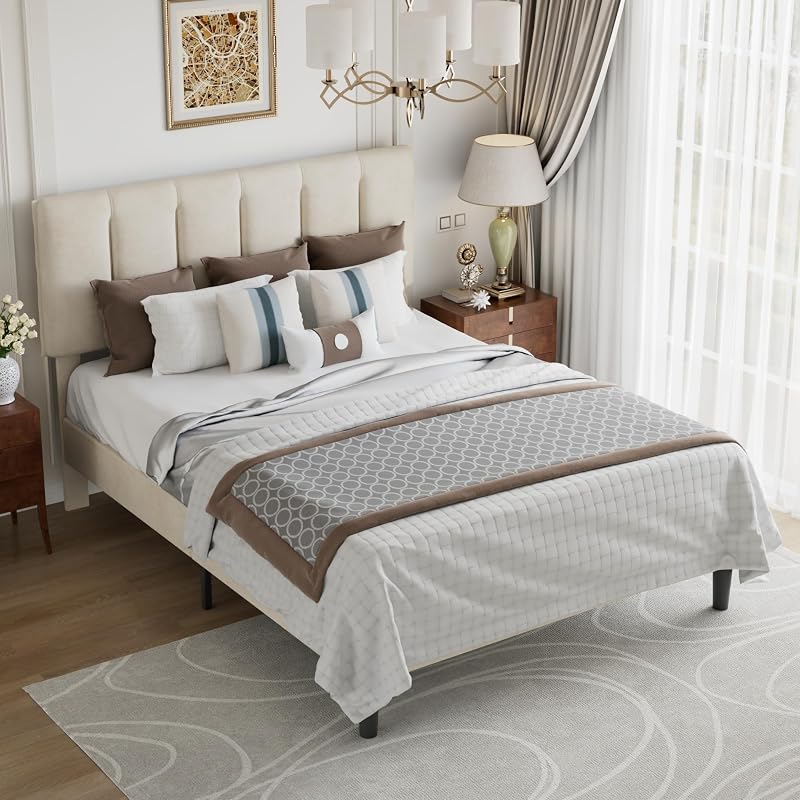 VECELO Full Size Bed Frame with Upholstered Headboard, Pale Beige image 4