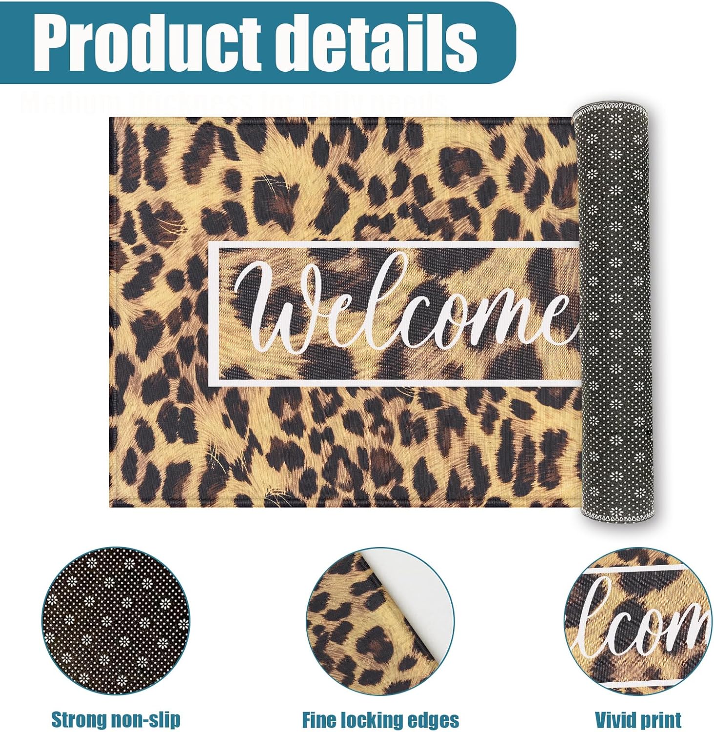 Brown Leopard Welcome Indoor Door Mat, Outdoor Entrance Doormat for Entryway Kitchen Bathroom 17 X 29 Inch