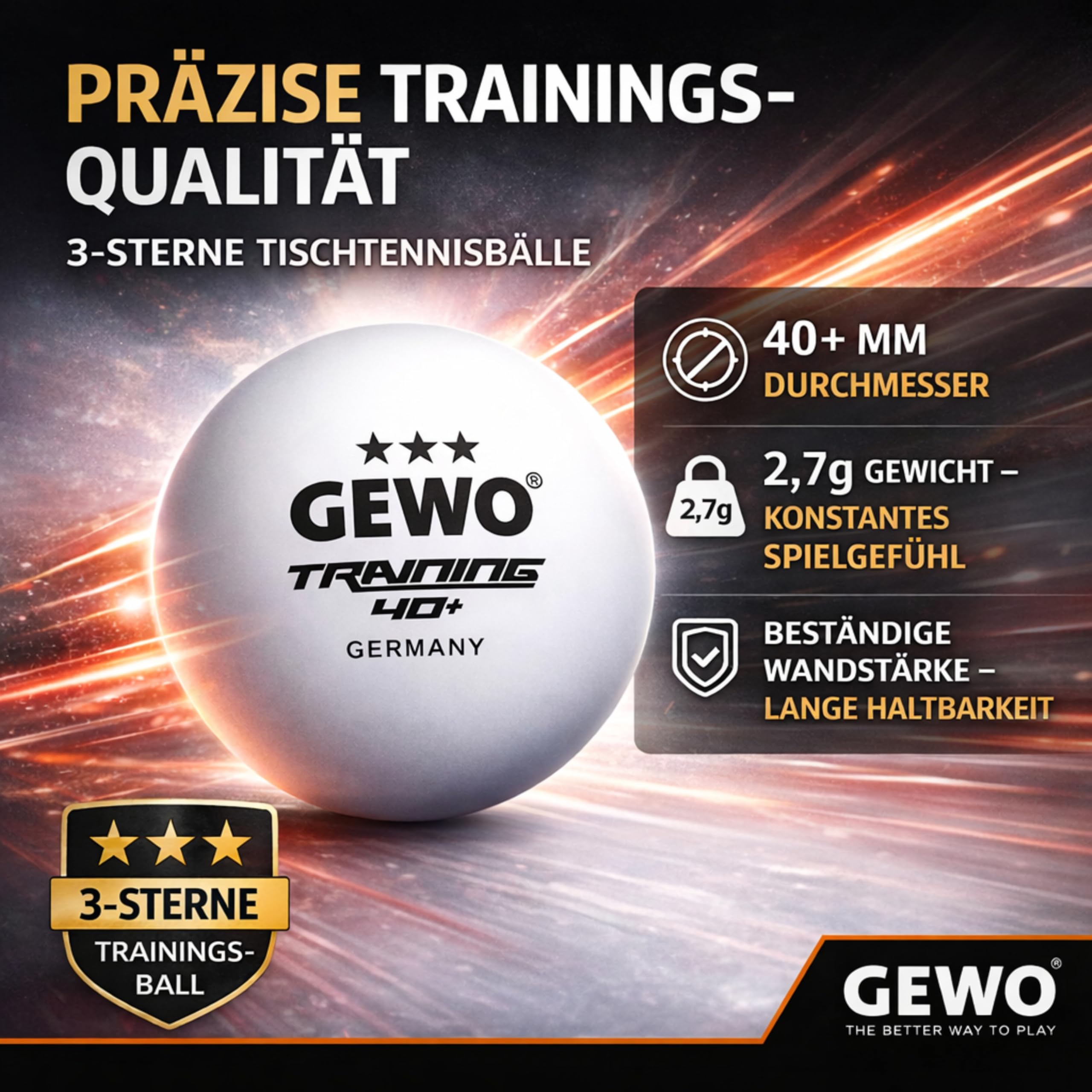 GEWO Piłki do tenisa stołowego do treningu 40+ – 3 gwiazdki z tworzywa sztucznego ABS ze szwem – wysokiej jakości piłki do ping ponga, średnica 40 mm, opakowanie zapasowe, 24 sztuki, kolor biały