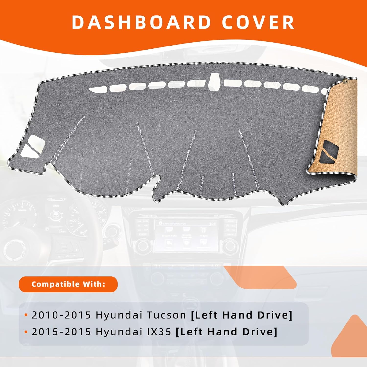 KEYOOG Dashboard Cover Dash Mat Fit for 2015-2010 Hy-undai Tucson,2015 IX35 (for Left Hand Drive),Car Dash Board Mat Anti-Glare Carpet,Non-Slip Pad Sunshield Protector (Grey)