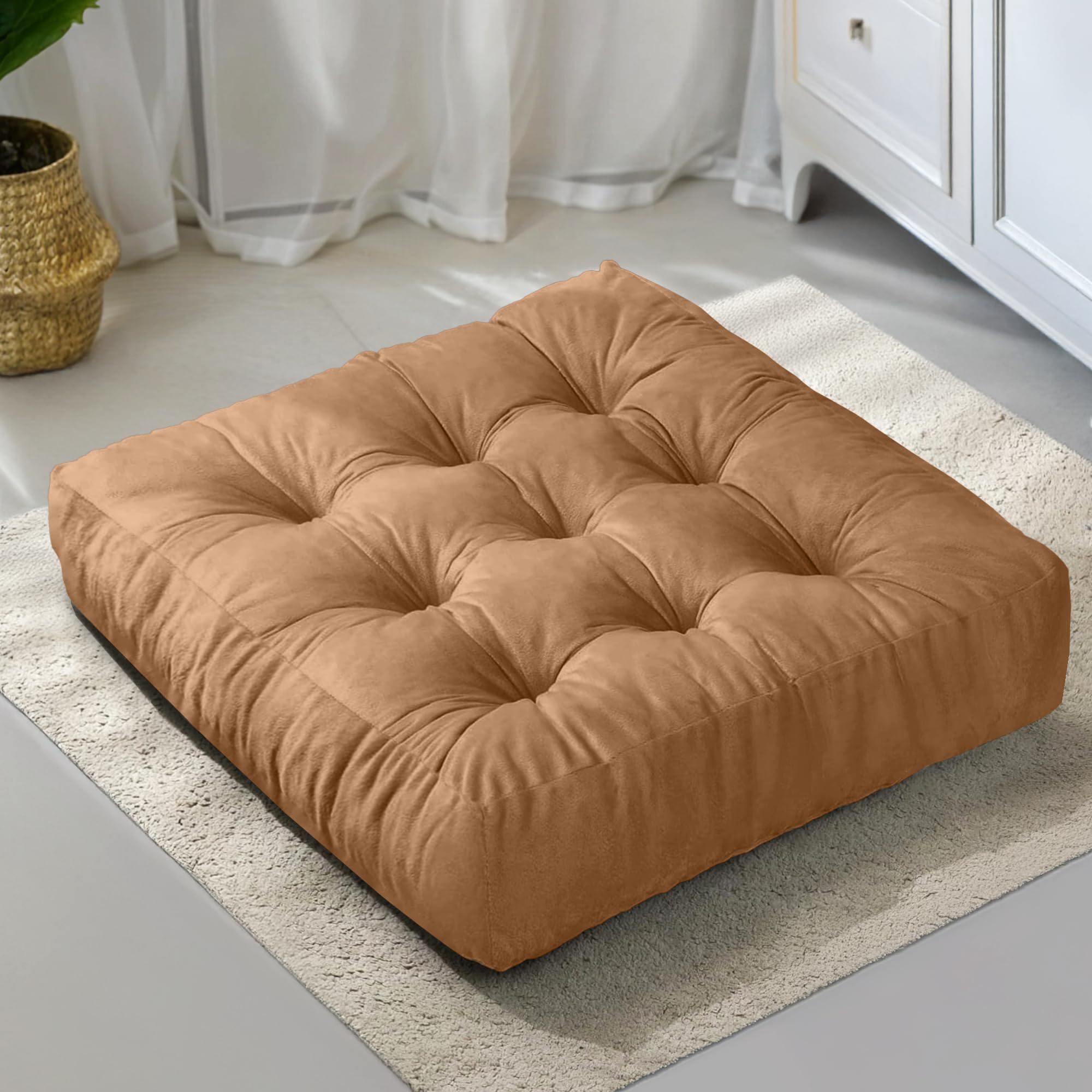 NEST & LOOM Floor Cushions - Large Square Tufted Floor Pillow, Meditation Cushion, Floor Chair Pillow for Seating & Lounging - Soft & Supportive, Brown - 21.65