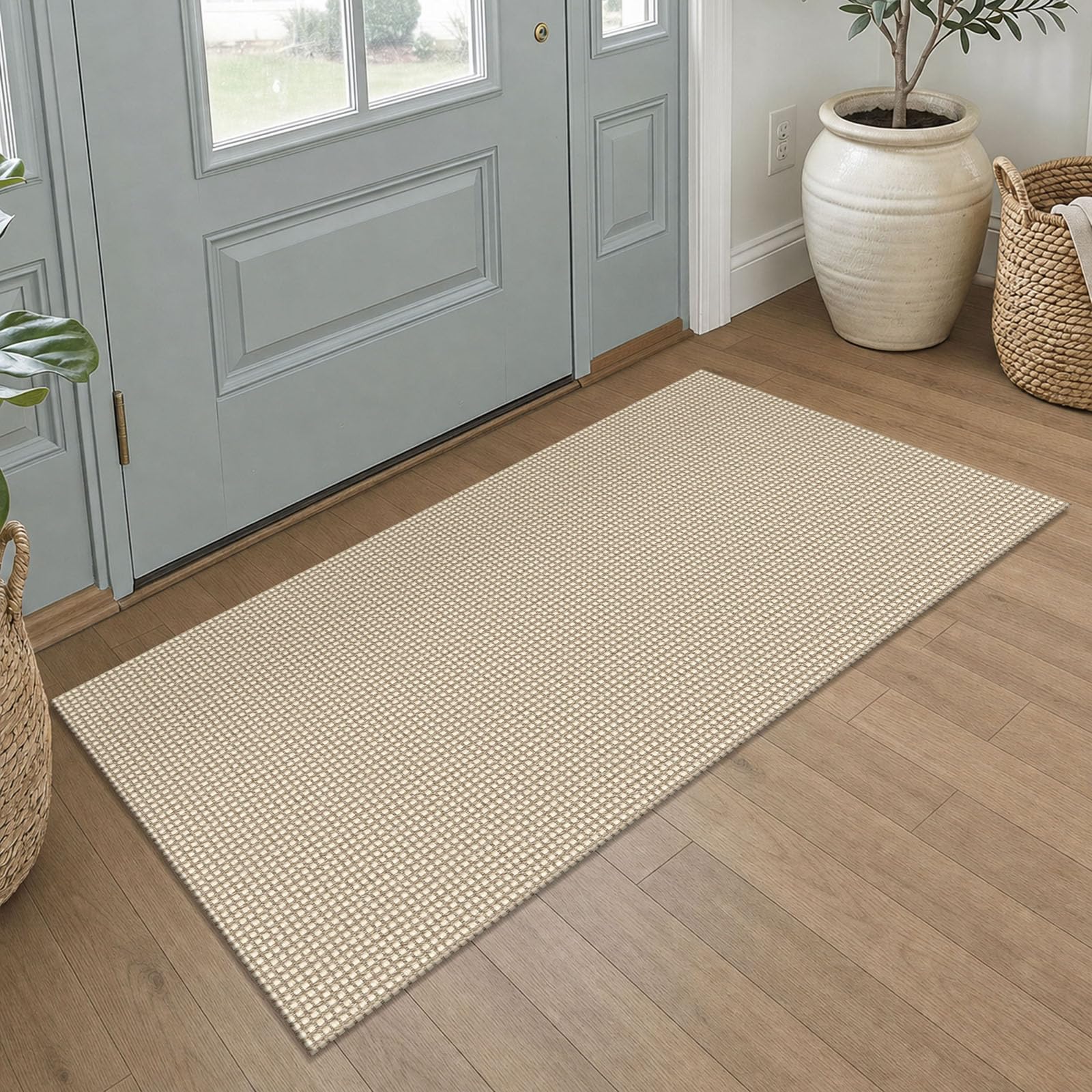 IOHOUZE Washable Runner Rug 2x4 Non Slip Runners for Hallways Entryway Runner Indoor, Kitchen Throw Rug Woven Cotton Floor Carpet for Hall Entrance Bedroom, Cream/Beige