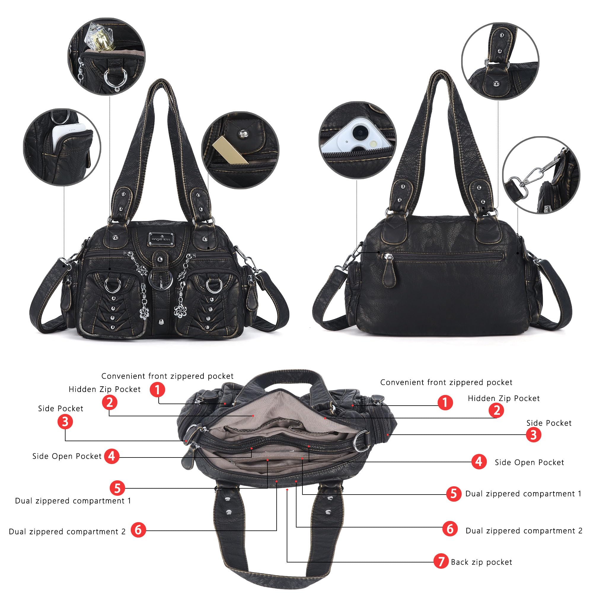 Angel Kiss Piccola borsa da donna a tracolla e a tracolla, multitasche, morbida, con tracolla regolabile