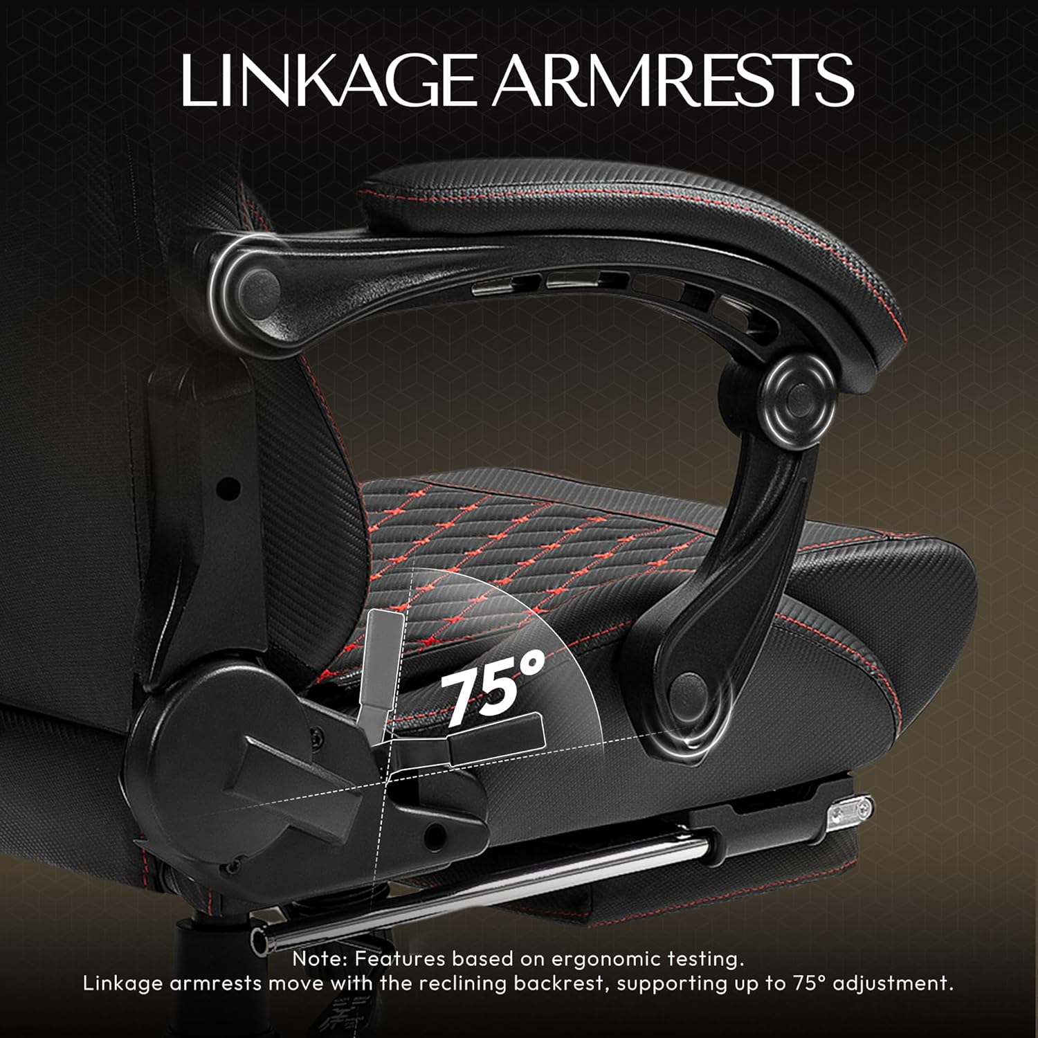 Close-up of the linkage armrests on the Dowinx Gaming Chair, showing their movement synchronized with the backrest.