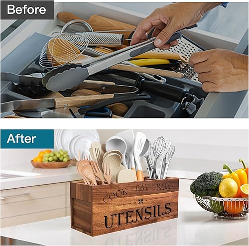 Vista 11 de Suli Soporte extra grande para utensilios de cocina con 4 compartimentos, organizador de utensilios de madera para encimera, decoración de cocina