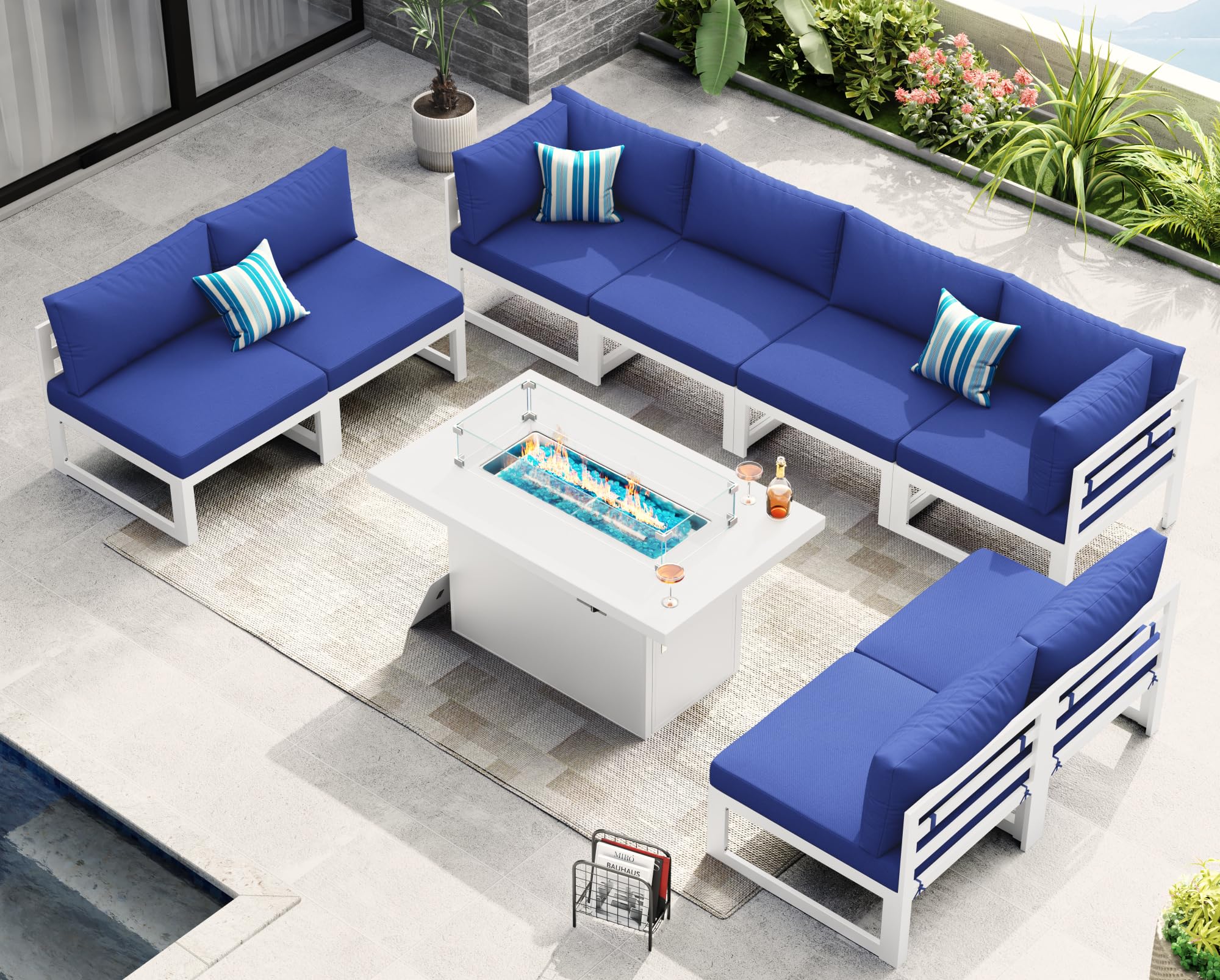 NICESOUL 9 Pcs Large Modern Aluminum Outdoor Sitting with Fire Pit Table, 29" Deep Wide Seater, 500 lbs Durable Sectional Sofa for Heavy People,