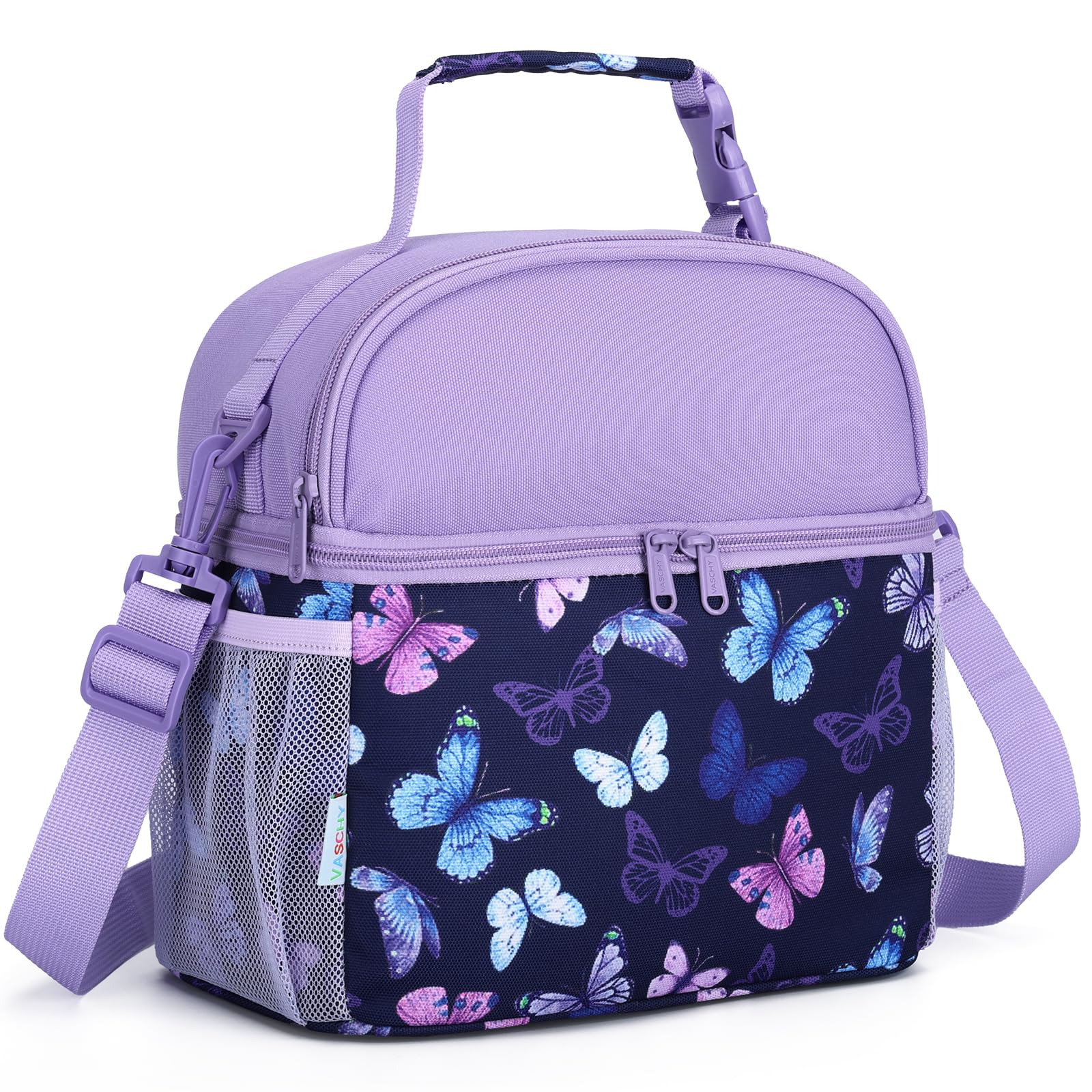 VASCHY Lunch Box Bag for Kids, Insulated Double Compartments Cooler Lunch Tote for Toddlers Girls School/Daycare/Picnic Purple Butterfly