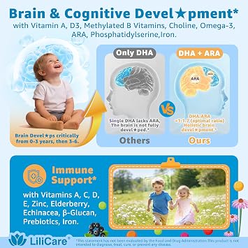 Toddler 2-3 & Kids 4+ Multivitamin Gummies w/ Iron, Omega-3, ARA, Calcium, Prebiotic, Methylated Picky Eater Vitamins for Kids 2+ Growth & Development | VC, D3 K2, B12, Methylfolate, Sugar Free,2 Pack