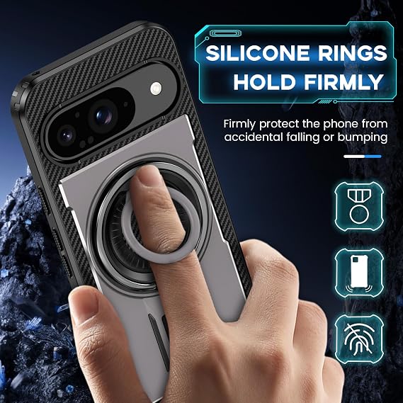 for Google Pixel 9 / Pixel 9 Pro Case with Stand. [360° Rotatable Ring and Kiscstand]. Rugged Protection Shockproof Phone Case for Pixel 9/9Pro, Grey
