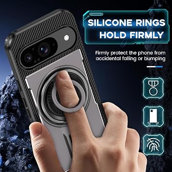 for Google Pixel 9 / Pixel 9 Pro Case with Stand. [360° Rotatable Ring and Kiscstand]. Rugged Protection Shockproof Phone Case for Pixel 9/9Pro, Grey