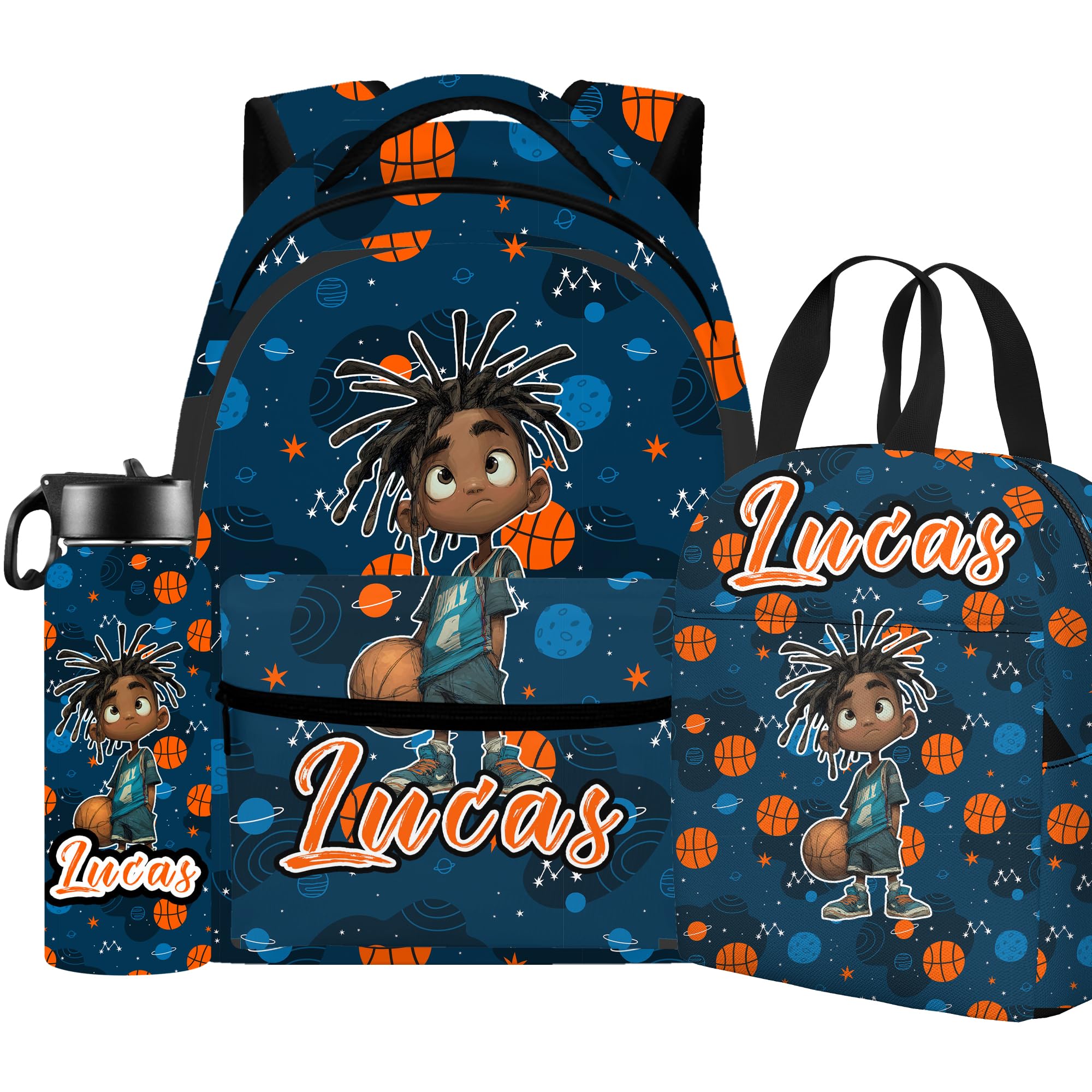 Artsadd Personalized Space Basketball Backpack Lunch Bag Customized Kids School Bookbag with Name Custom Outdoor Waterproof Daypack with Large