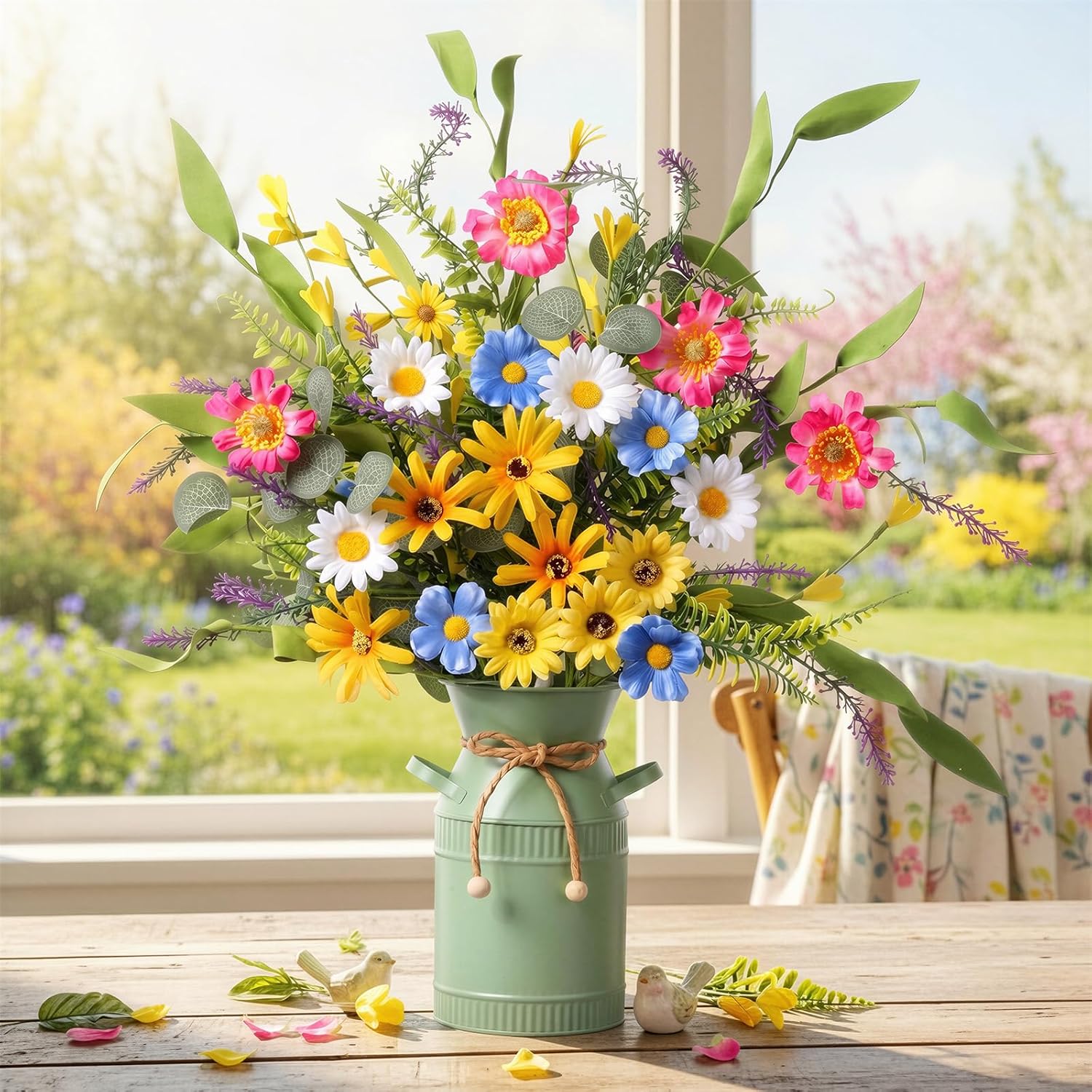 Riceshoot 6 Pcs Spring Floral Arrangements for Table with Metal Vase, Daisy & Lavender Floral Centerpiece for Tables, Spring Vintage Farmhouse Decor for Dining Home