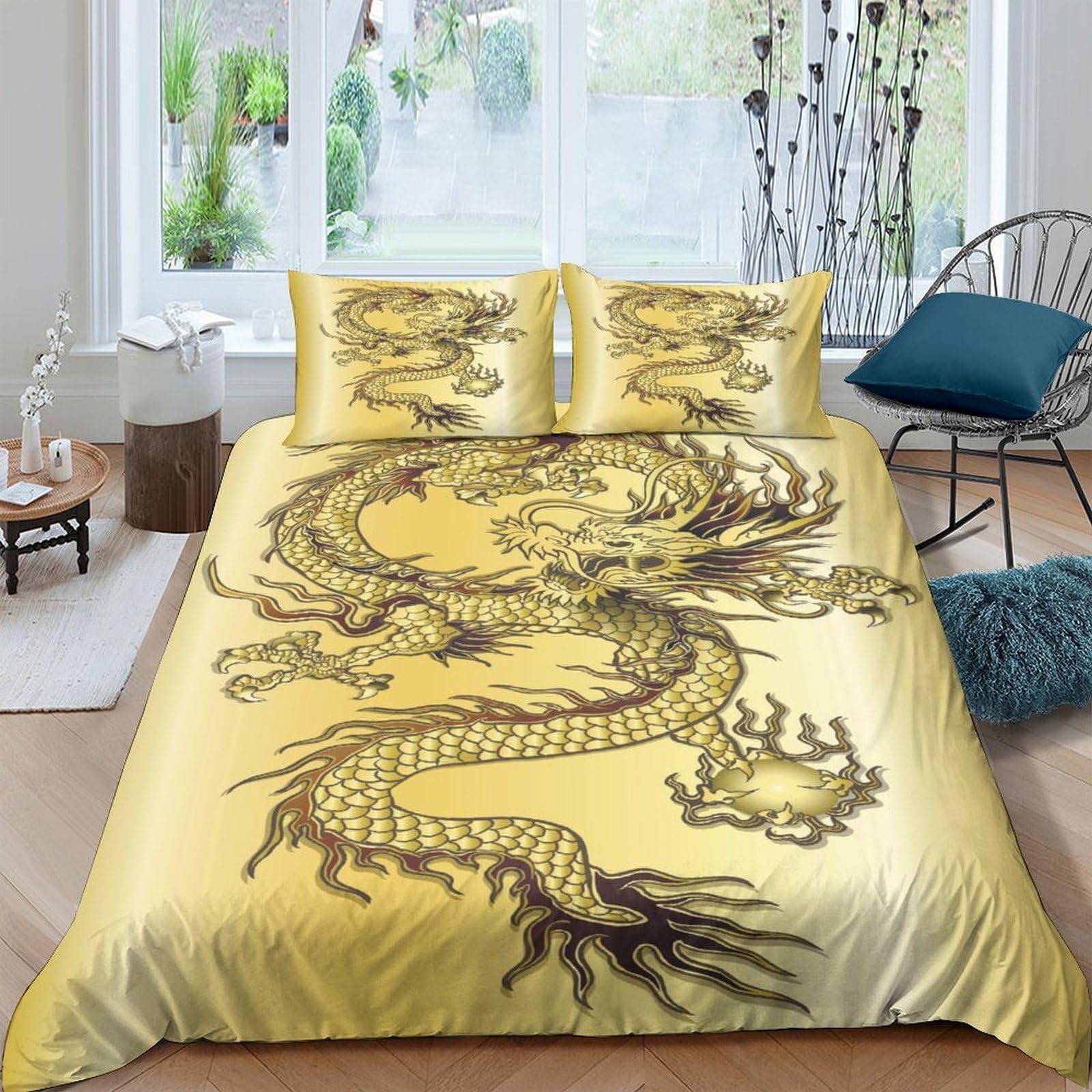Ctjqhvkz Style-10 3D Printed Golden Dragon Fitted Sheet Microfiber Soft Anti-Slip Chinese Style Bed Cover For Bedroom Dorm Mattress Decor Single（135X200cm）