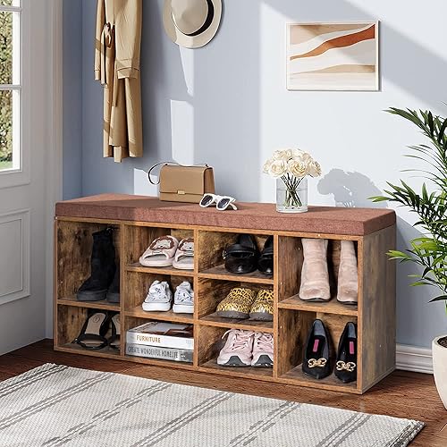 Miniatura 4 de PHI VILLA Banco de almacenamiento de zapatos con cojín de asiento, zapatero organizador de zapatos para entrada, sala de estar, marrón rústico