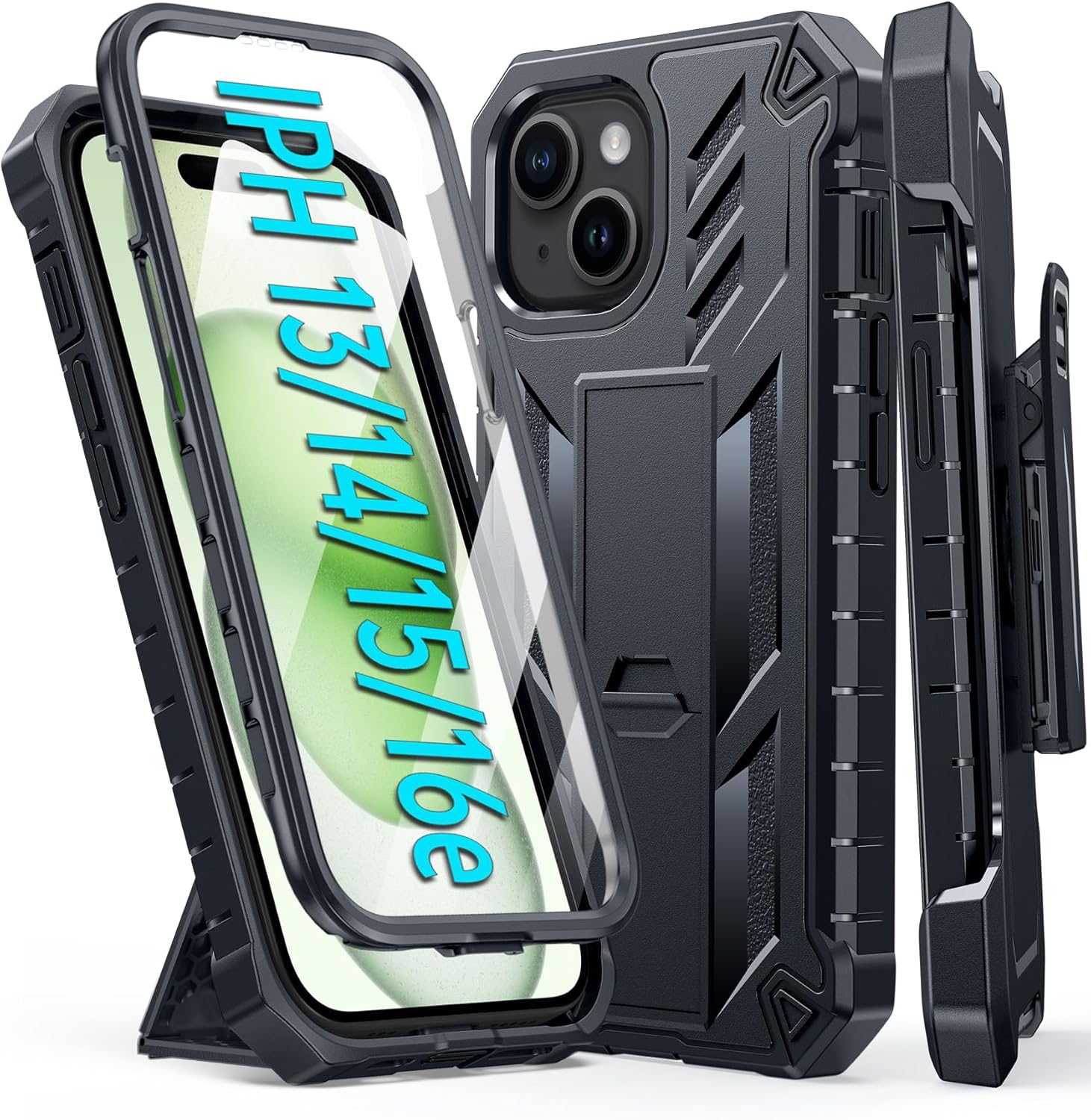 FNTCASE for iPhone 15 Phone Case: for iPhone 14 & 13 & 16e Case Military Shockproof Protective Rugged Cell Phone Cover with Kickstand & Belt-Clip Holster, Heavy Duty Hard Cases 5G - 6.1 Inch Black