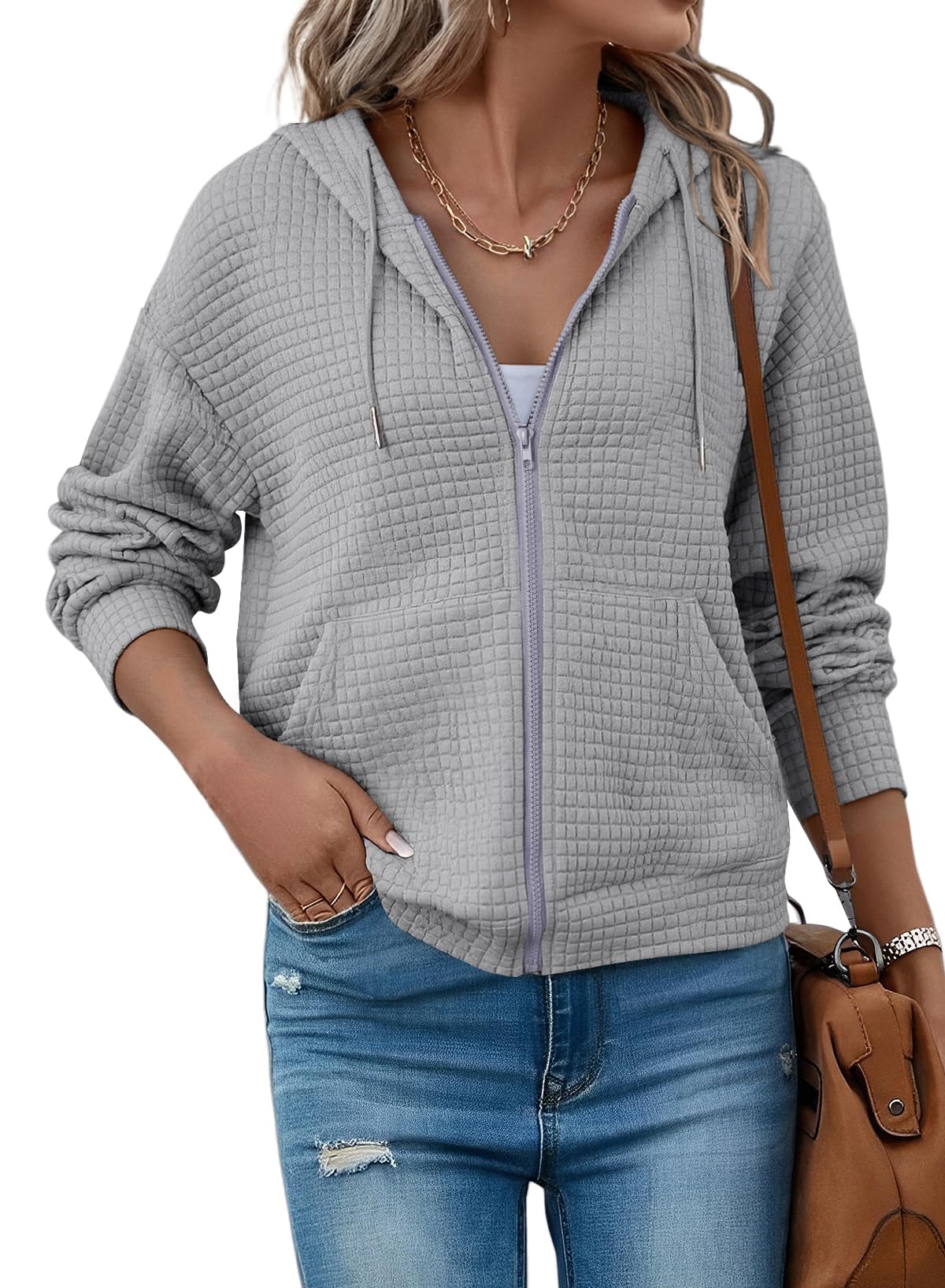 SHEWIN Zip Up Hoodies for Womens Jackets Lightweight Waffle Oversized Sweatshirt Casual Grey Full Zipper Hoodies Clothes Trendy 2026 Fall Fashion Outfits with Pockets Large