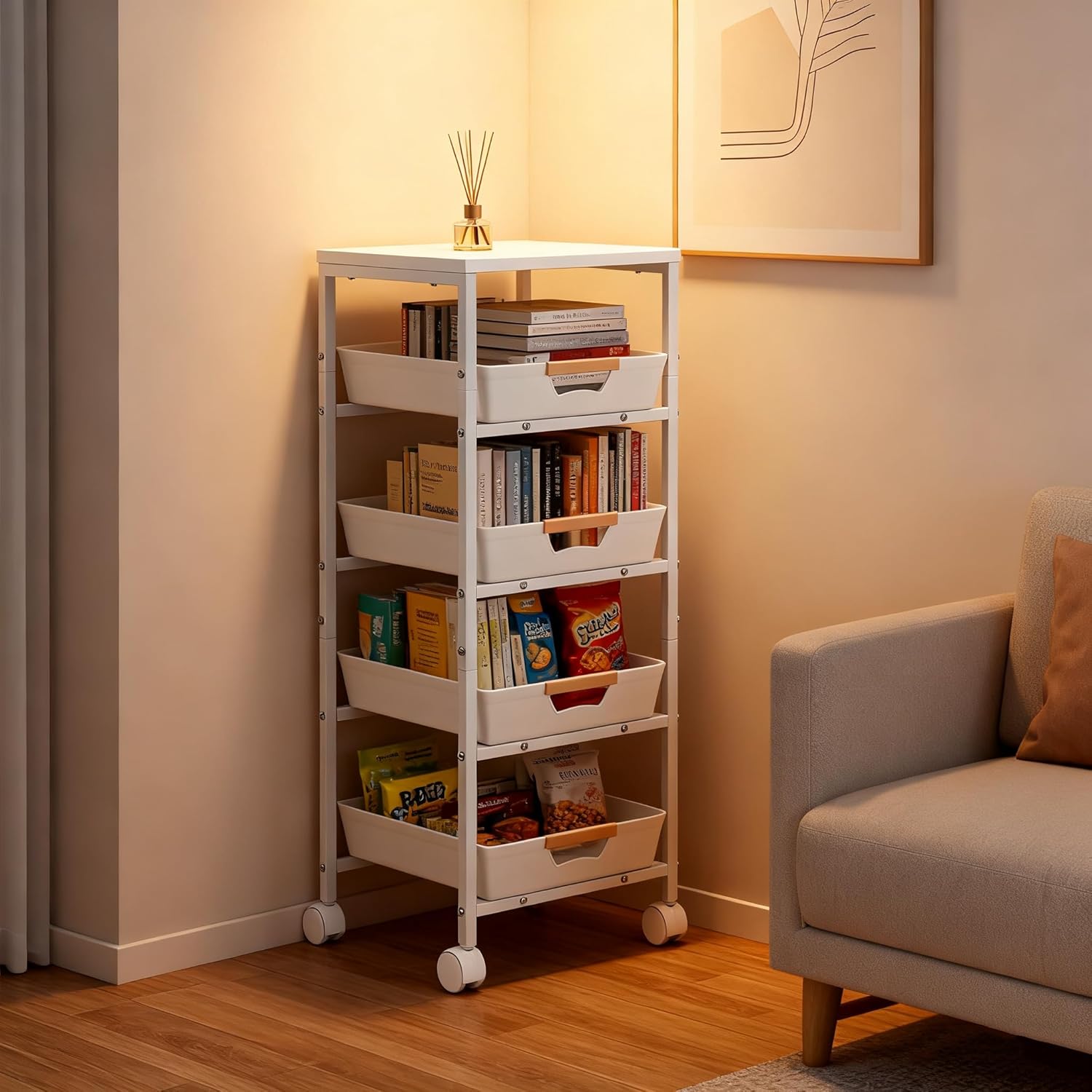 Fruit Vegetable Cart for Kitchen, 5-tier Storage Cart on Wheels with Wood Top, Pull Out Drawers, Metal Frame, Rolling Storage Cart for Livingroom, includes Hanging Box, Hooks and Labels, White