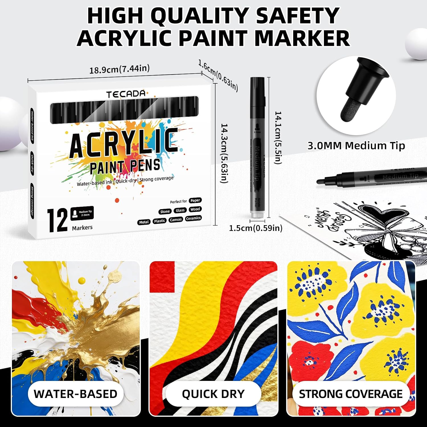 12 Black Paint Pens - Permanent Acrylic Paint Markers, Waterproof Quick-drying Water-based Marker Pen for Rock, Fabric, Wood, Tire, Plastic, Metal, Glass, Ceramic and More DIY Craft, Medium Tip