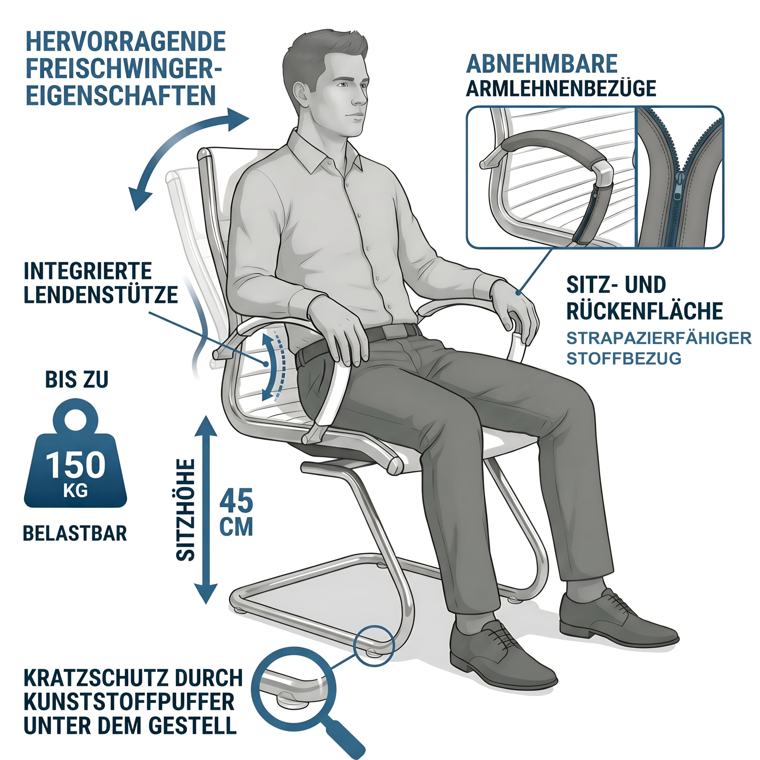 VERSEE Besucherstuhl Montreal aus Stoff, Anthrazit, Sitzhöhe 45 cm | Moderner Konferenzstuhl für Büro, Besprechungs- und Wartezimmer, ergonomisch gestaltet und stabil