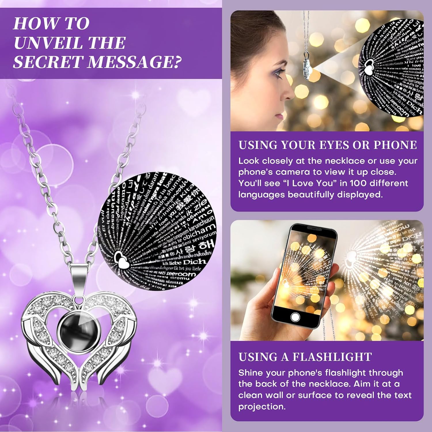 WOKEISE Lighted Preserved Real Rose Flowers with I Love You Heart Necklace, Anniversary Birthday Gifts for Women Girlfriend Wife Mom Grandma,Valentines Mothers Day, Purple - Image 6