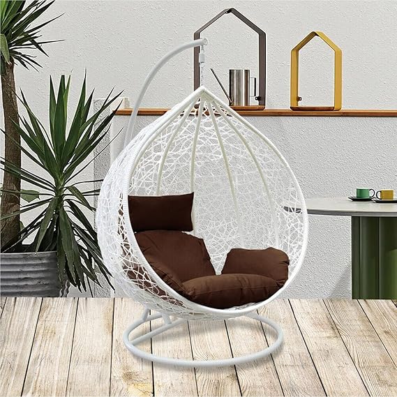 Rattan Swing Egg Chair | Holywarm Garden Swing Chair with Cushion | Indoor Outdoor Hanging Chair with Stand | Hammock Egg Chairs for Garden Bedroom Balcony (White Egg Chair + Brown Cushion)