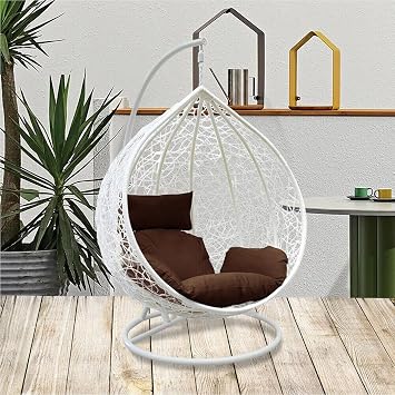 Rattan Swing Egg Chair | Holywarm Garden Swing Chair with Cushion | Indoor Outdoor Hanging Chair with Stand | Hammock Egg Chairs for Garden Bedroom Balcony (White Egg Chair + Brown Cushion)