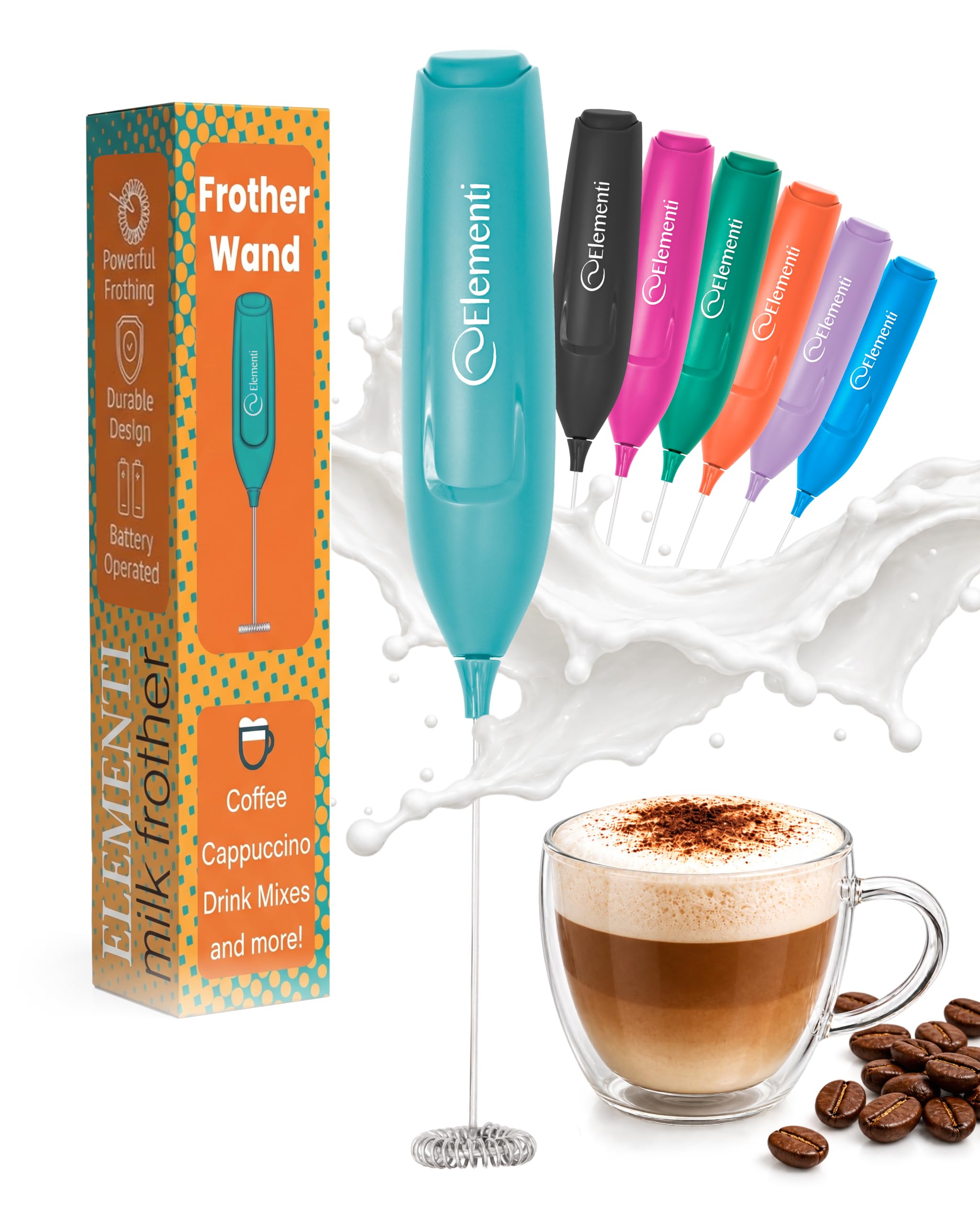 Elementi Powerful Frother Wand – Lightweight Milk Frother &amp; Drink Mixer Handheld, Matcha Whisk for Dreamy Lattes, Powerful Coffee Mixer Wand &amp; Blender Stirrer - Make Creamy Cappuccinos at Home (Teal)