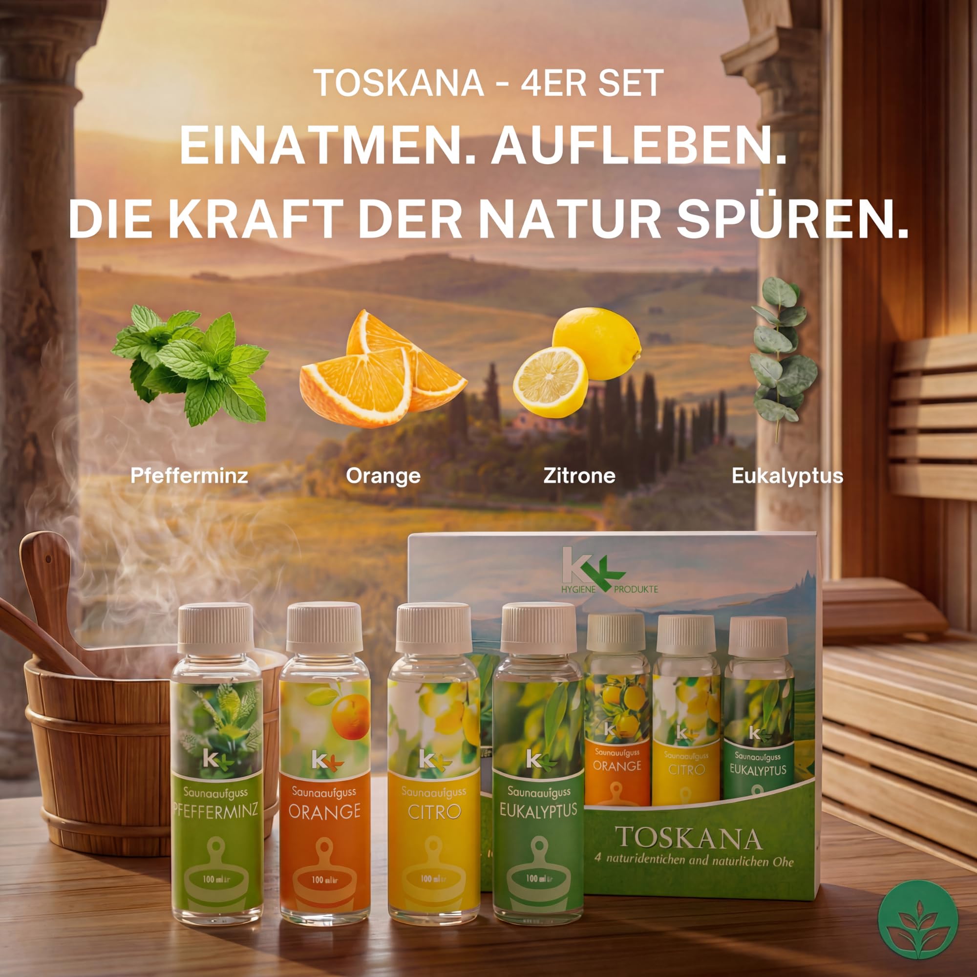 Saunaaufguss-Set 4er | Premium Saunaduft-Set mit Eukalyptus, Orange, Zitrone & Pfefferminz | Hochwertige Sauna Aufgussmittel 4×100 ml | Made in Germany | Intensives Aroma & Geschenkidee