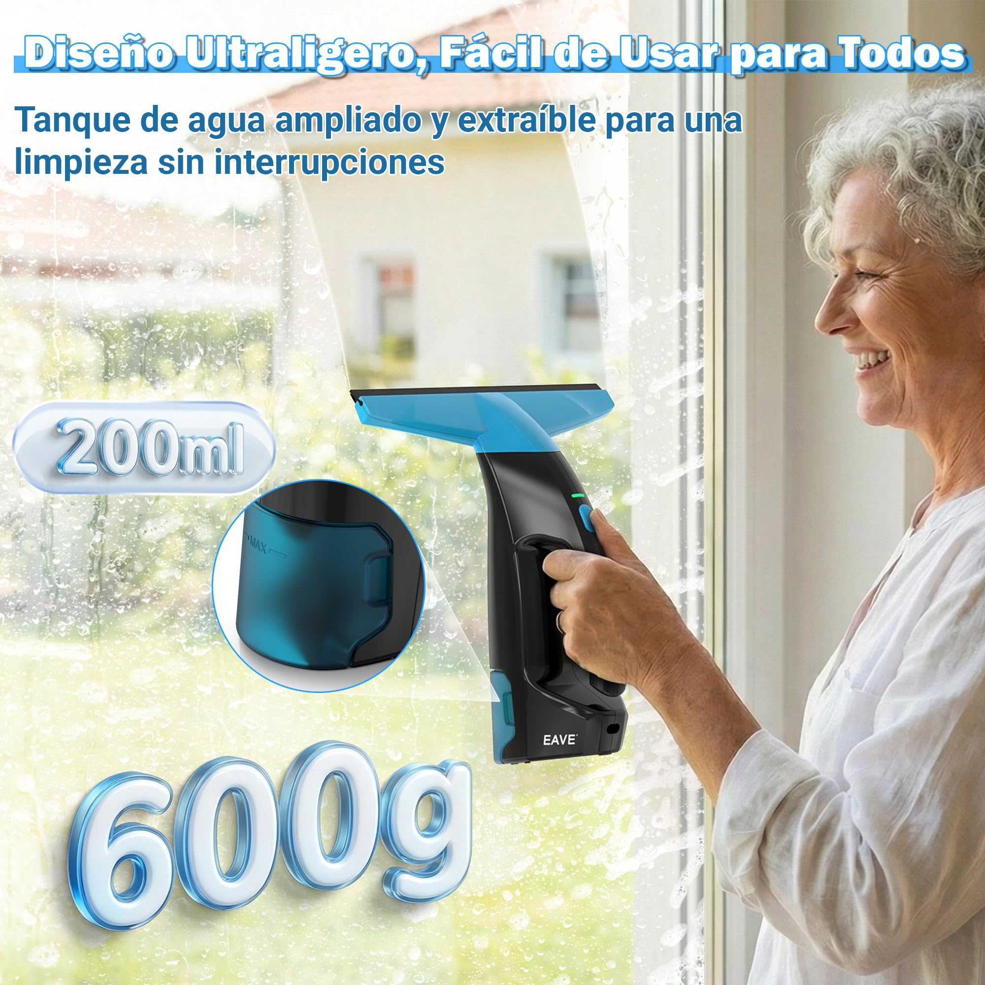EAVE Limpiacristales Electrico, Set Limpiacristales con 45min de Autonomía, Limpia Cristales Electrico Ventanas con Boquilla de 28cm y Depósito de 200ml, Apto para Ventanas y Espejos (amarillo)