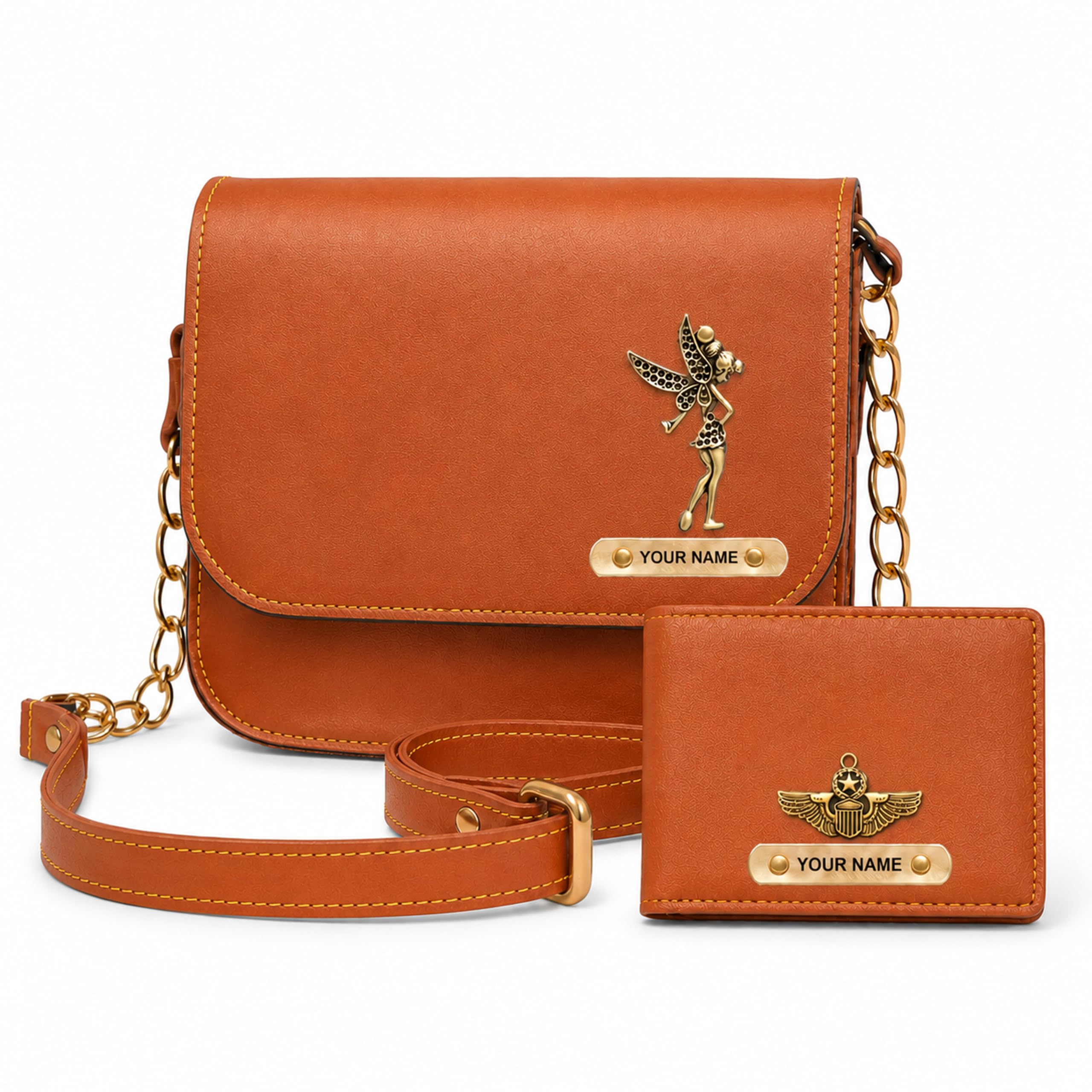 Leather Couple Gift Combo of a personalized Men's wallet and women's chain sling bag with a name and elegant charm.-image-30