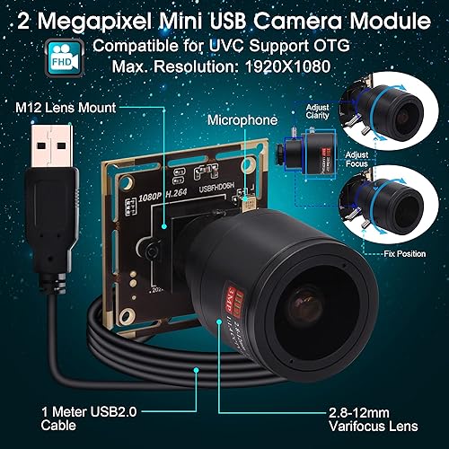 Miniatura 5 de Módulo de cámara USB 1080P, cámara de poca luz de 0.01Lux con lente varifocal de 0.110-0.472 in H.264 2MP CMOS IMX323 UVC tablero de cámara web