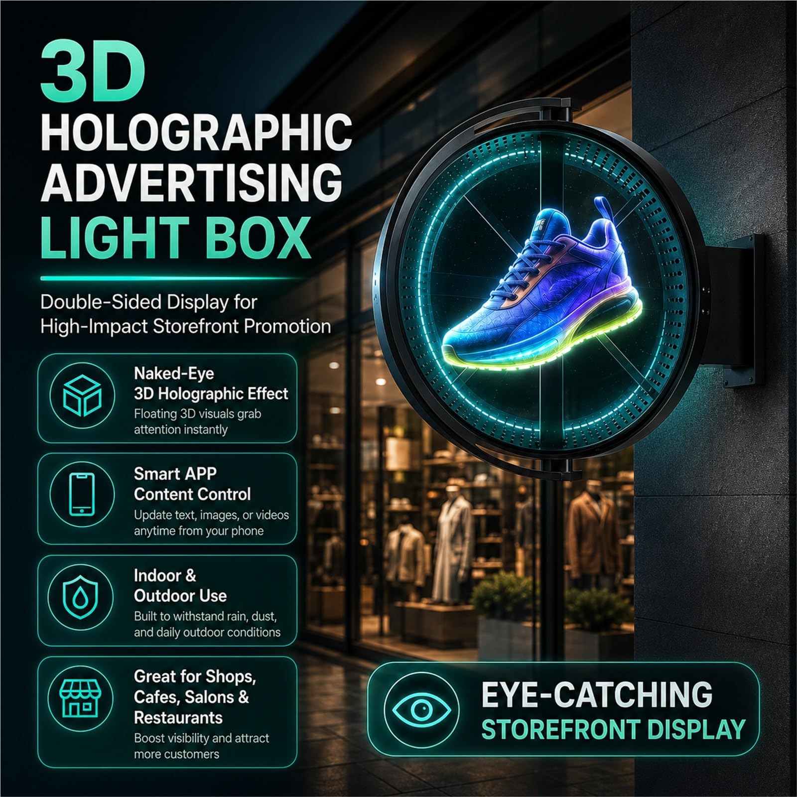 3D Holografische Werbung Leuchtkasten Doppelseitiges Schild mit Smart App gesteuerter LED, Wasserdicht für Schaufenster und Café