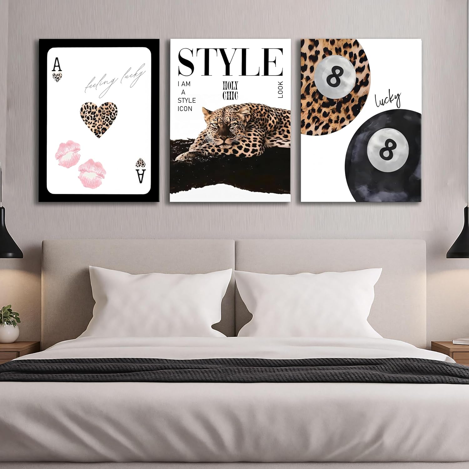 3Pcs Trendy Leopard Wall Art Canvas,Vintage Preppy Aesthetic Stylish Leopard skateboard Funky Lucky 8Ball Cheetah Artwork Posters Print for Bedroom Living Room Bathroom Decoration12X16in Framed