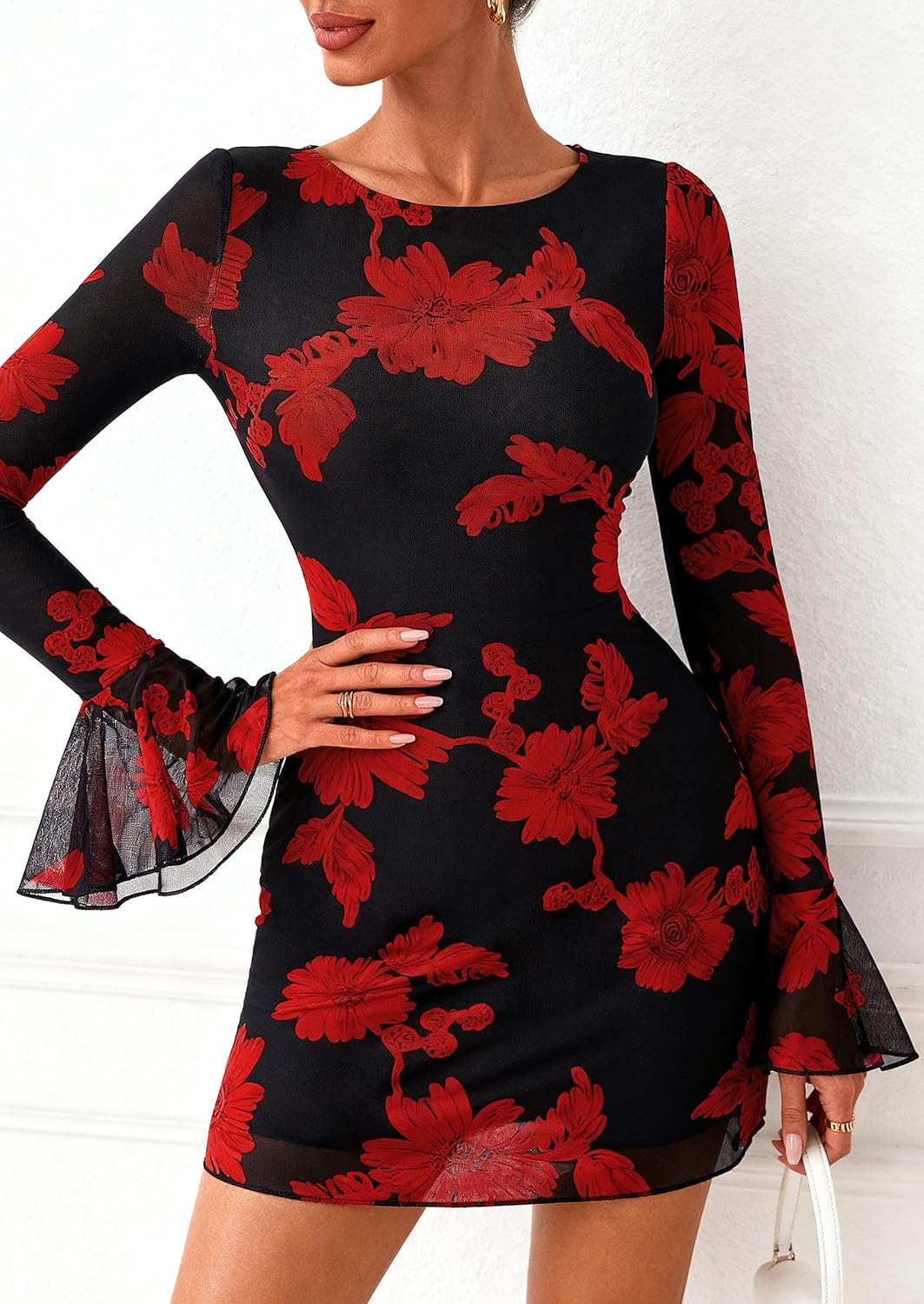 PRETTYGARDEN Women's Floral Dress Spring Fall Fashion Long Bell Sleeve Flower Mini Short Mesh Bodycon Party Dresses - Image 6