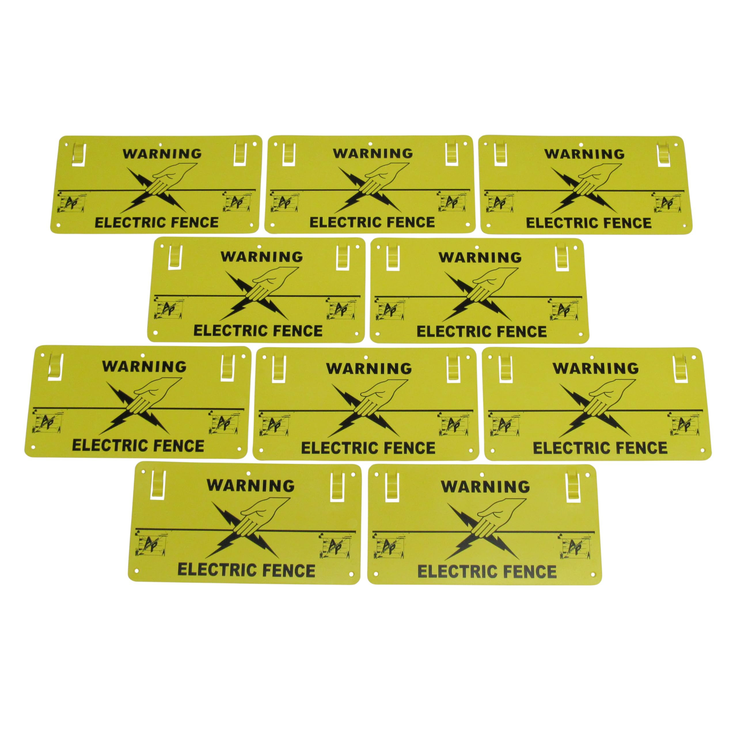 Caution Electric Fence Warning Signs 10pcs (Plastic Drilled Clip On Danger Safety Symbol)