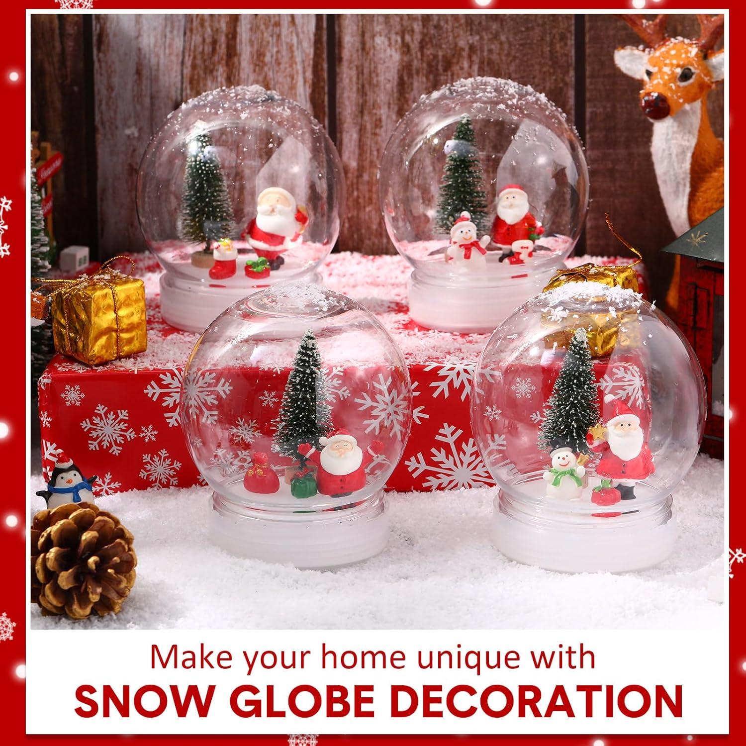 Xinnun 48 Pcs 3.9 Inch Christmas Plastic Snow Globes Kit Including 16 Artificial Mini Christmas Tree 16 Mini Resin Xmas Ornament 16 DIY Snow Globe with Screw Off Cap Miniature Pendant(Chic Style)