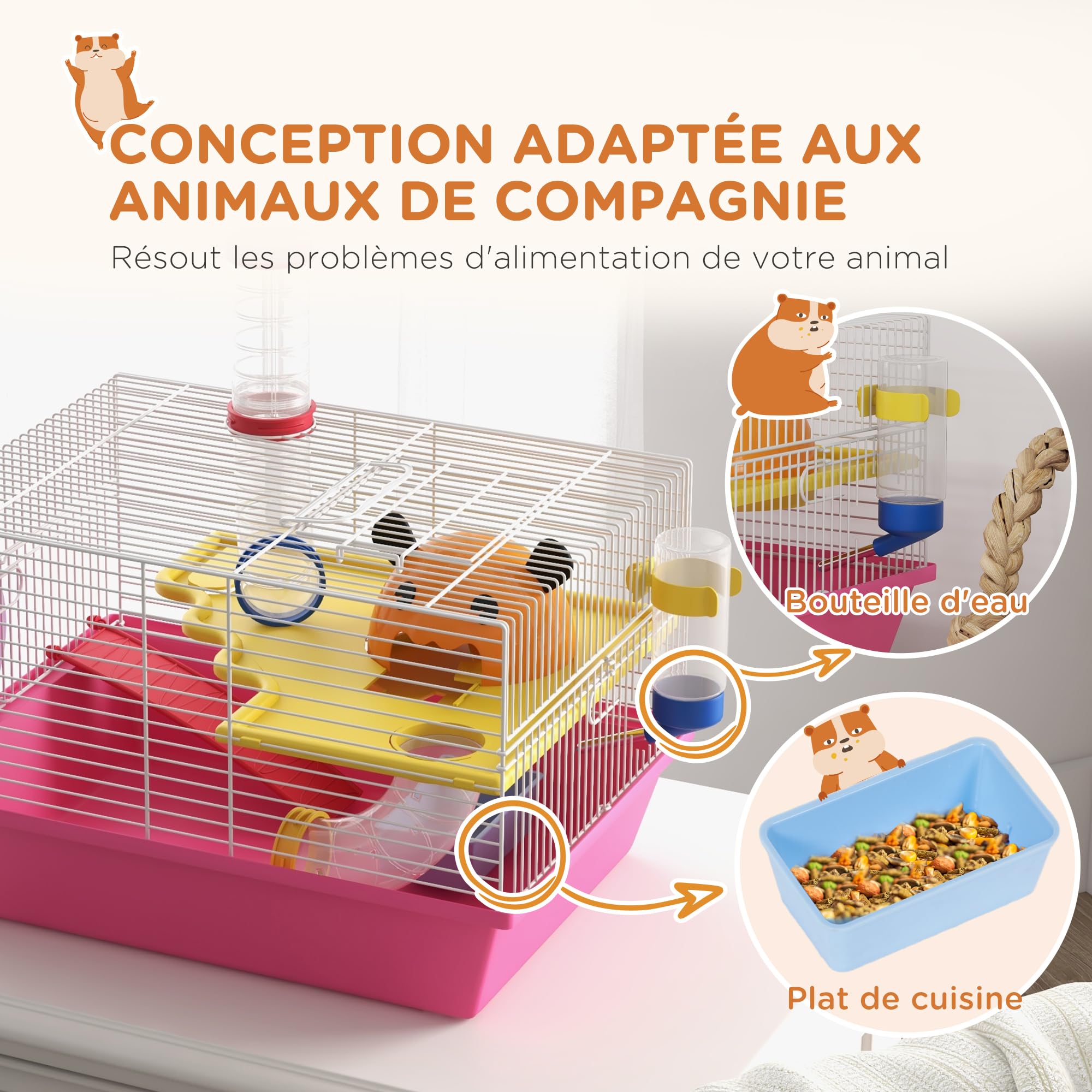 PawHut Cage à Hamster Rat Rongeur avec Plateforme, biberon Eau, Roue, maisonnette, 34 x 27 x 25 cm, Rose | Biberon Eau, Roue, Maisonnette