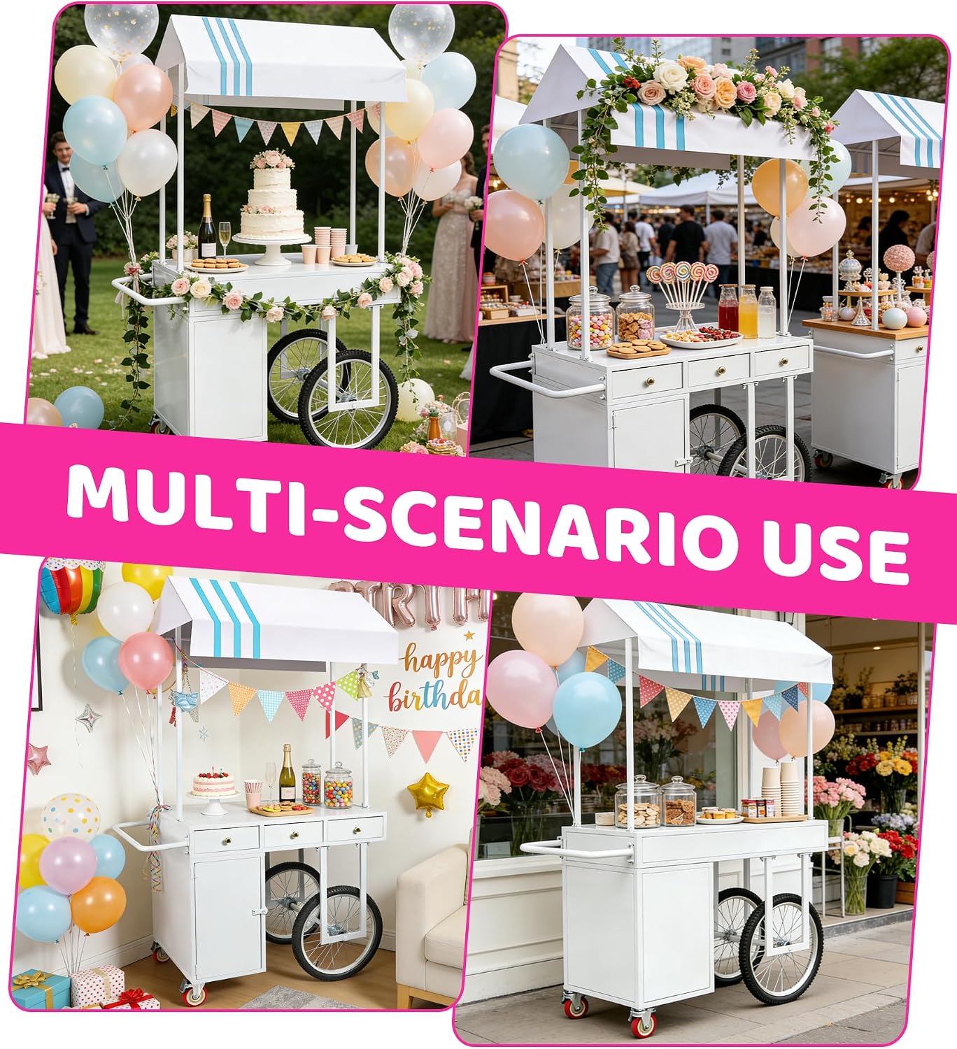 Portable Iron Candy Display Cart with Canopy, Mobile Vendor Cart with 3-Tier Storage & Lockable Wheels, Outdoor Party/Wedding Display Stand with Towel Bar (White, 1.2m-Drawer)