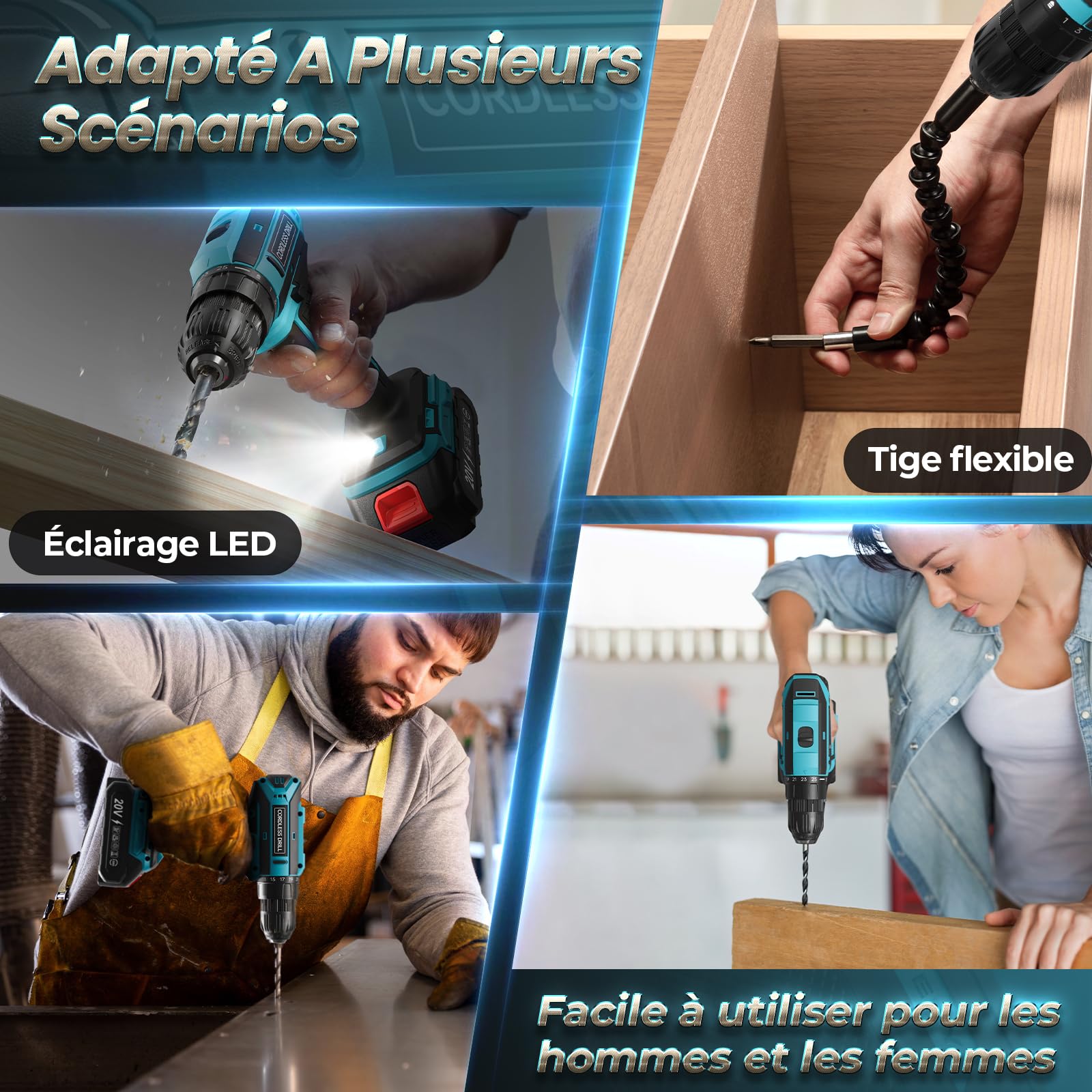Perceuse Visseuse Sans Fil 20V Compatible Batteries Makita, 42Nm, 2 Vitesses LED, 25+1 Couple, 10mm Mandrin
