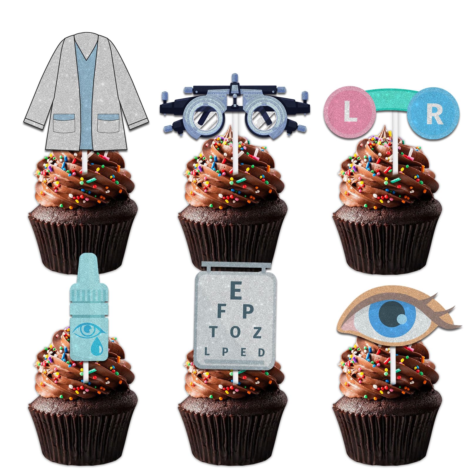 18pcs Glitter Eye Doctor Nurse Dessert Cupcake Topper Pick for Ophthalmologist Optometrist Theme Decorations Men Women Happy Birthday Party Decor Supplies