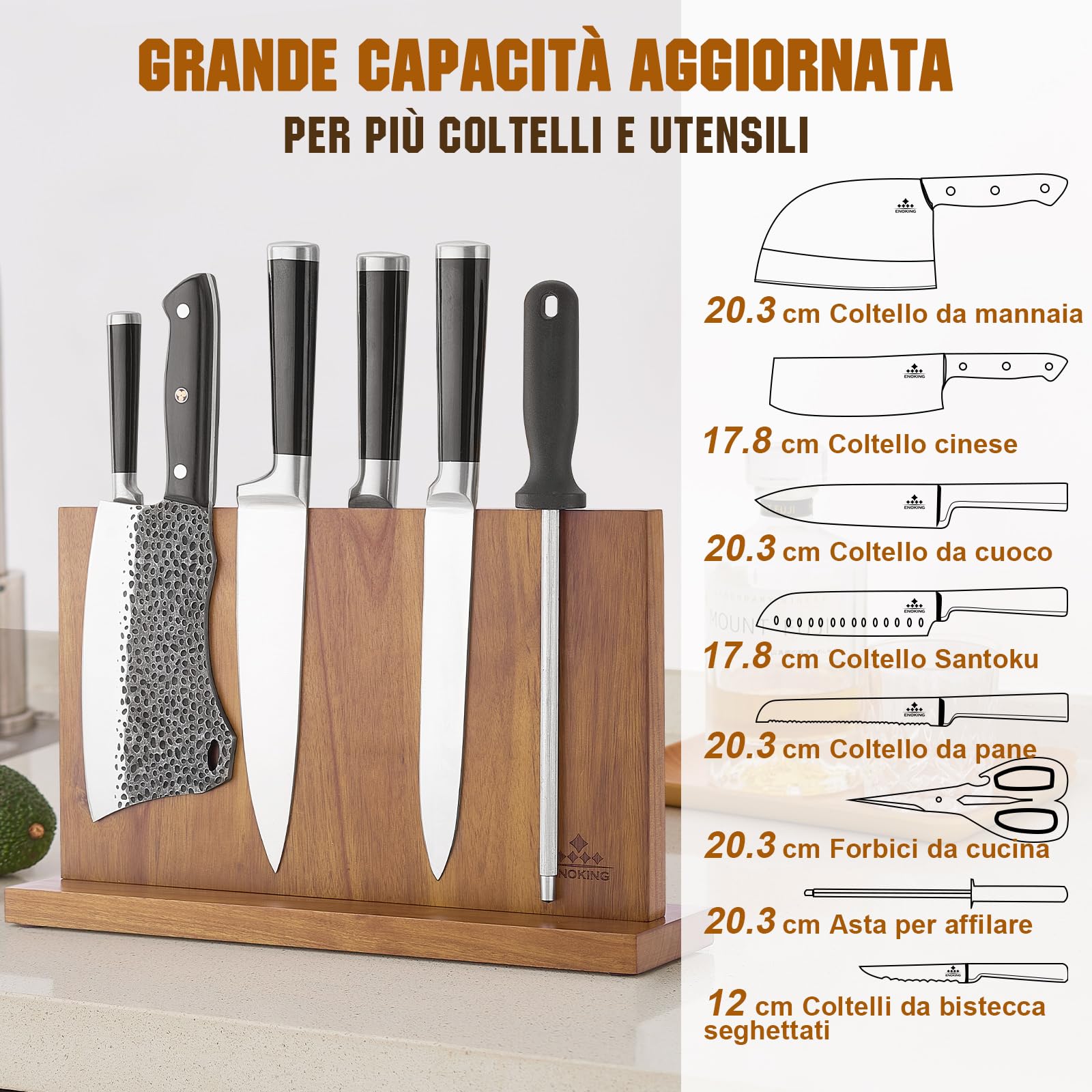 ENOKING Grand Porta Coltelli Cucina 38,6 x 23 cm, Portacoltelli da Cucina Doppio Lato Magnetico, Ceppo Coltelli da Cucina Vuoto, Ceppo Portacoltelli Premium Magnetico Senza Coltelli - Acacia