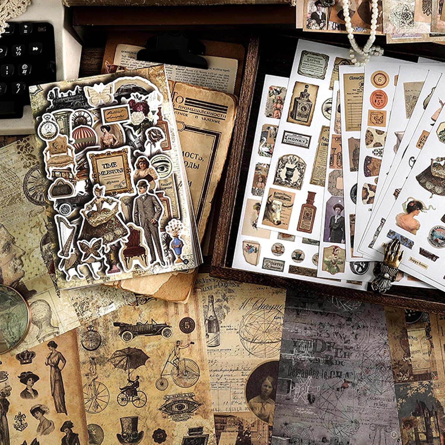 Prstincol 4 Pack Vintage Washi Stickers and Papers for Scrapbooking, 4×40 Sheets Ephemera Book for Art Journaling,Stickers and Decoupage Papers for Junk Journal