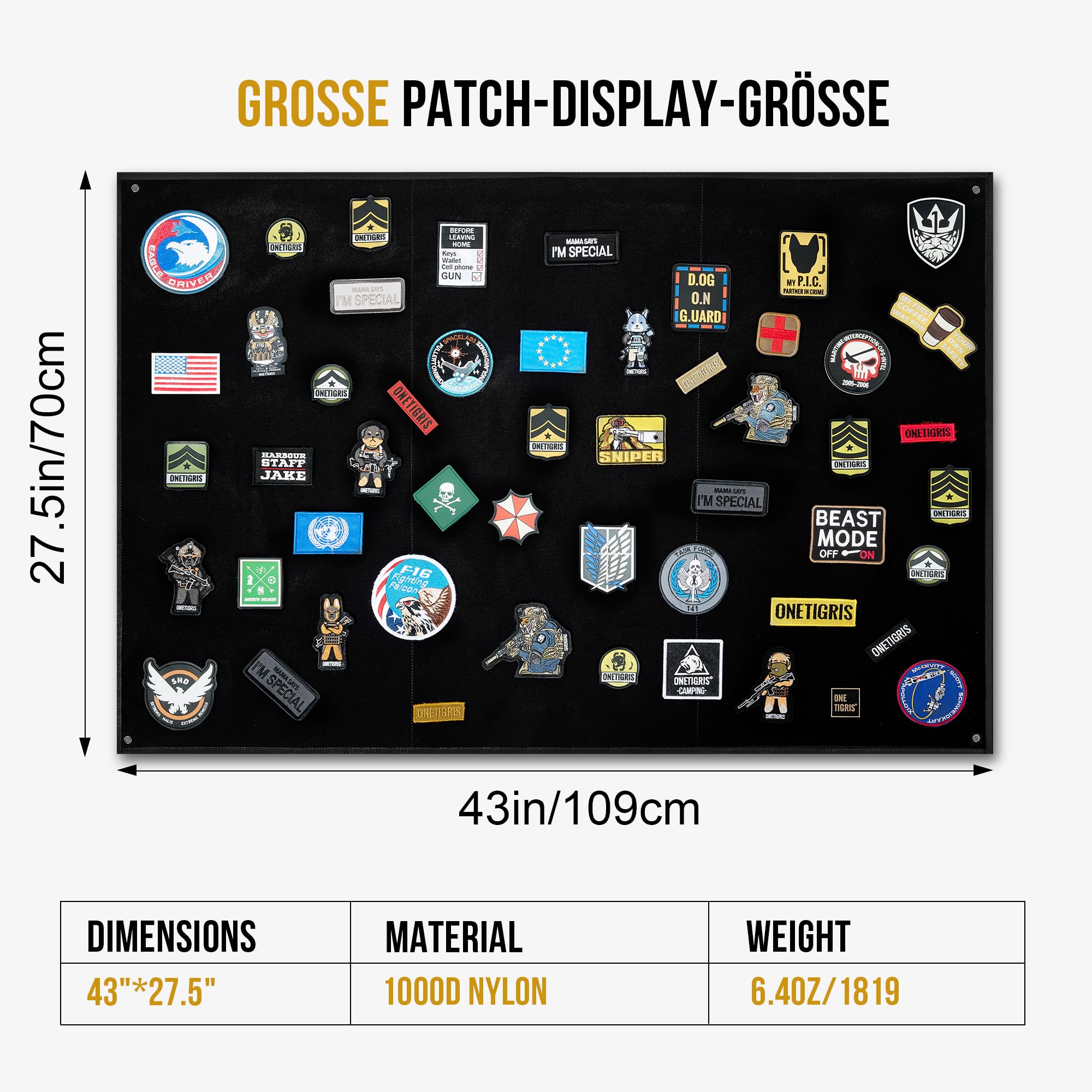 OneTigris Taktische Patch Wand, Flauschmatte für Patches, Namensbänder & ID-Tags – Wandhalterung für Sammler, Größe L: 109 x 70 cm/M: 45 x 58 cm