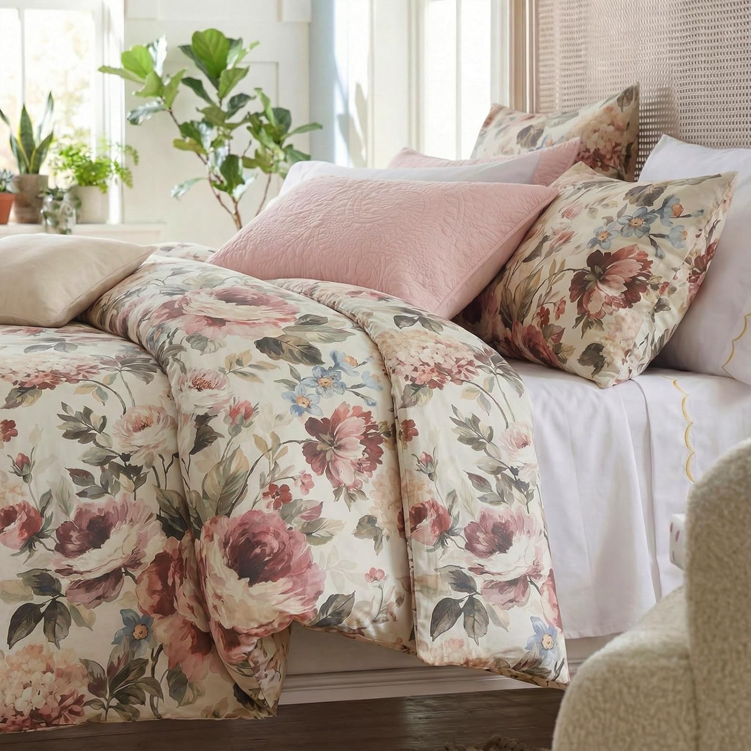 Bedorm Cotton Floral Duvet Cover Set King Size Bedding Set Pink Red Floral Botanical Print Girls Women Romantic Bedroom Decor Soft & Breathable 100% Cotton Duvet Cover with 8 Corner Ties